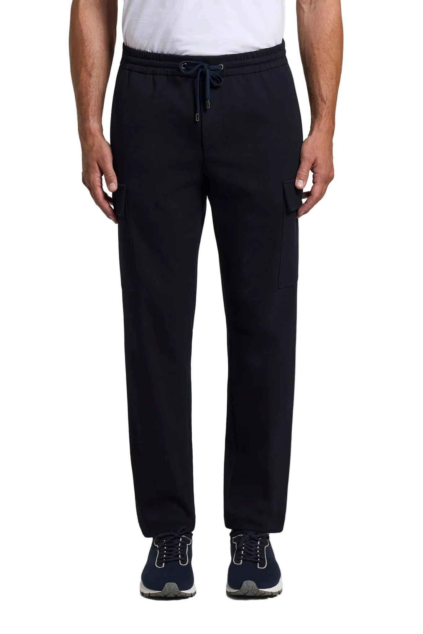 Dark blue men's jersey cargo trousers with an elasticated drawstring waistband and side flap pockets, straight leg.