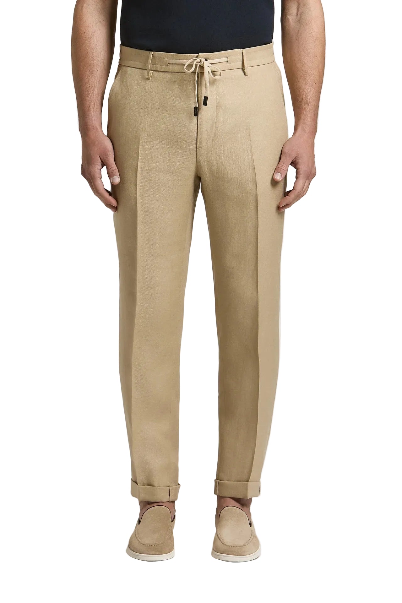 Beige pure linen gabardine trousers with a drawstring waist, belt loops, and cuffed hems.