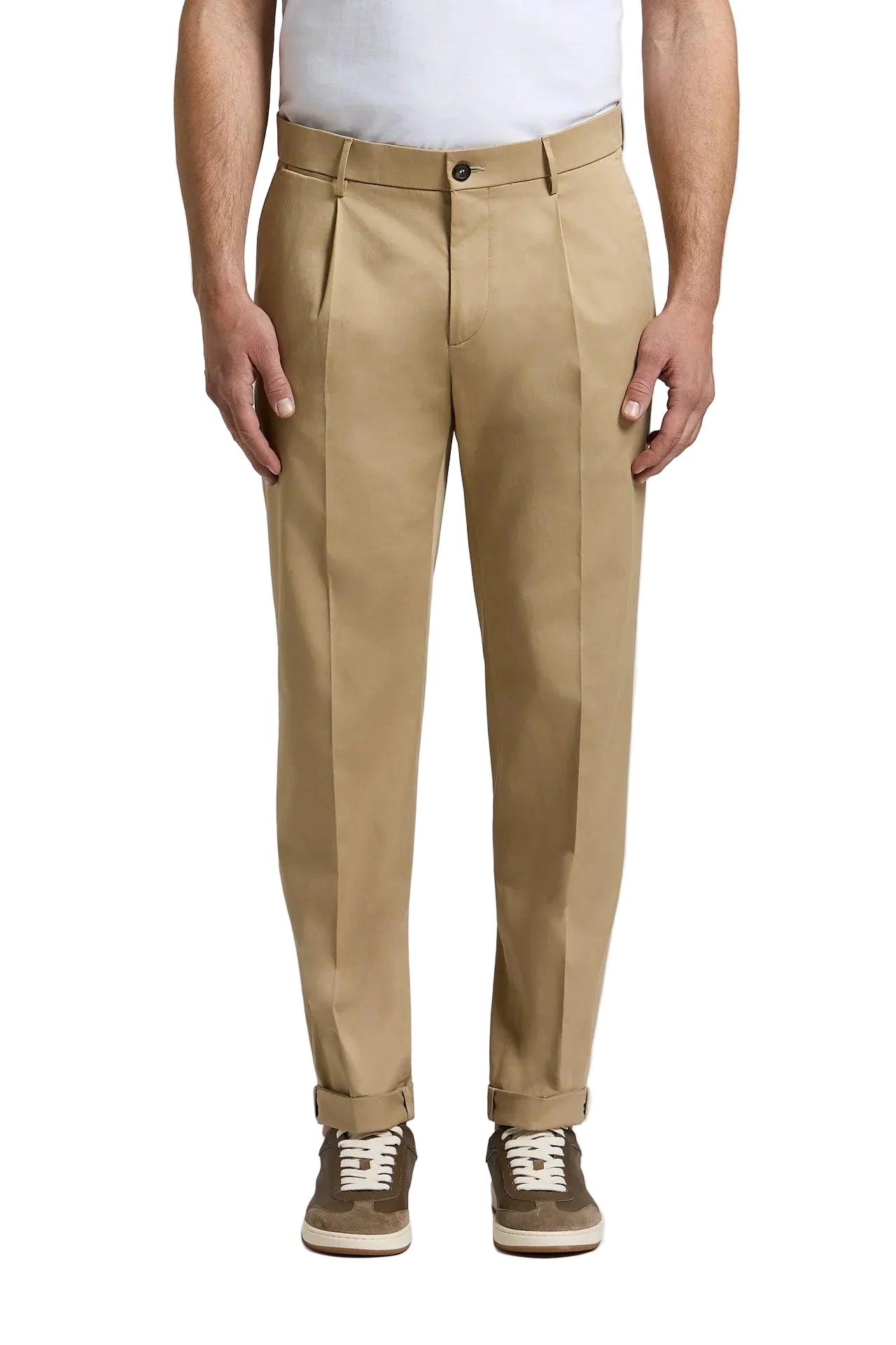 Beige pleated cotton gabardine chino trousers with belt loops, a button and zip fly, and slash side pockets.