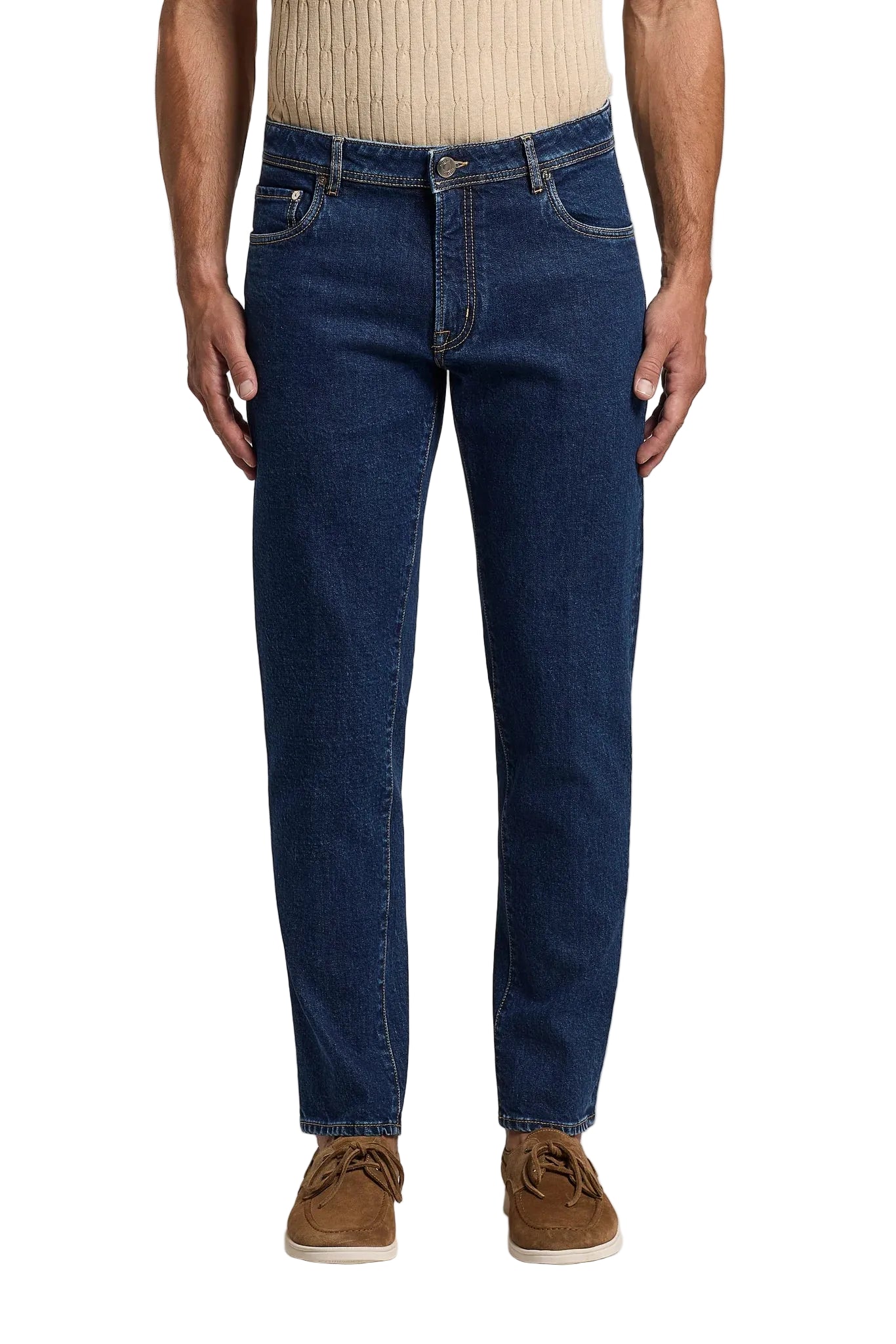 Dark blue slim fit cotton twill jeans with five pockets, belt loops, and contrast stitching.