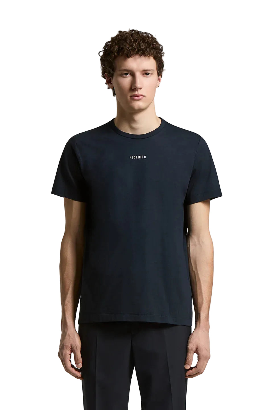 Navy blue pure cotton crewneck T-shirt with short sleeves and a small white 'PESERICO' logo on the chest.