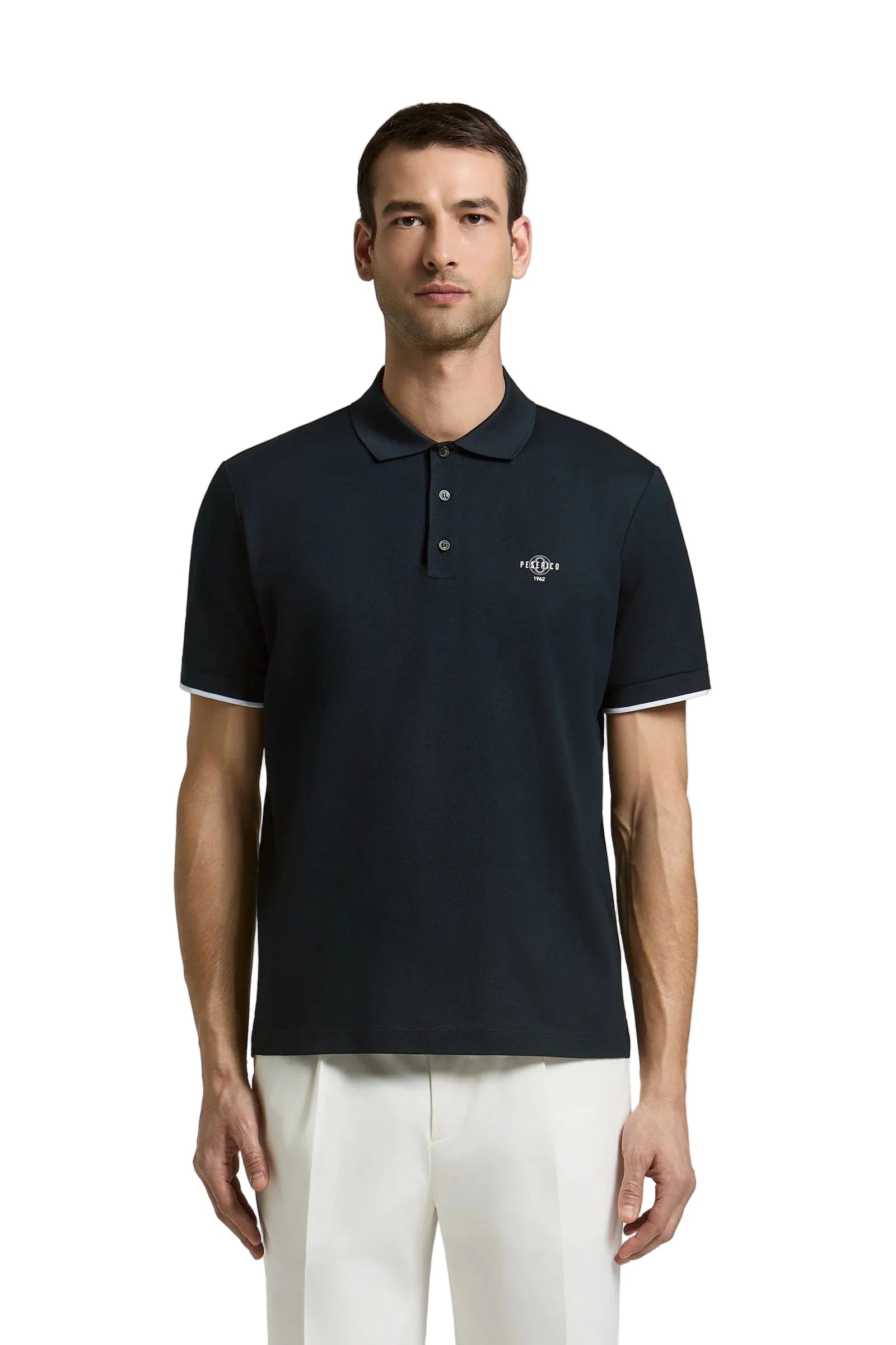 Navy blue short-sleeved piqué knit polo shirt with a two-button placket and white striped cuffs.