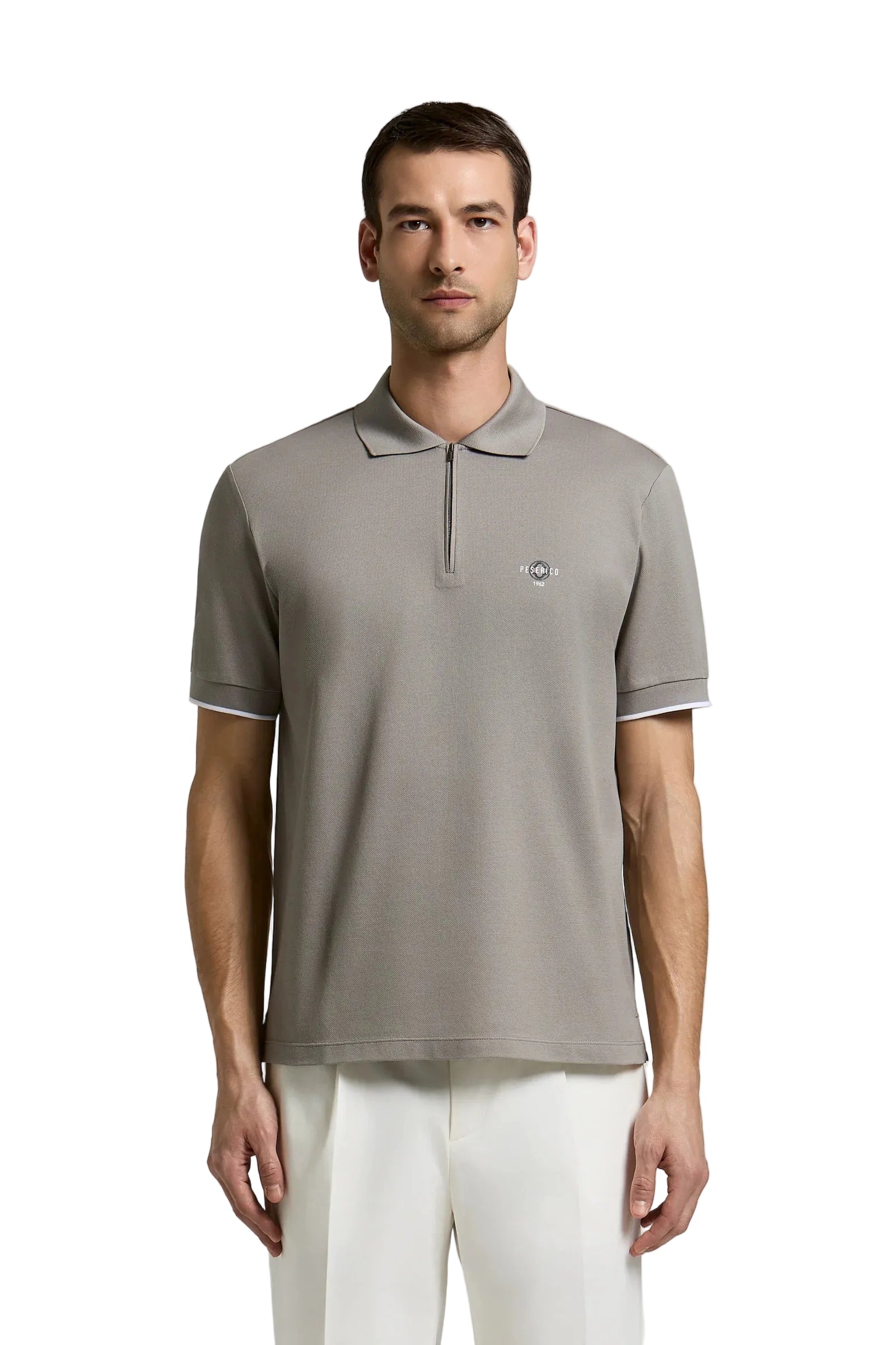 Taupe piquet polo shirt with a black zipper placket, short sleeves with white trim, and a small circular logo on the left che