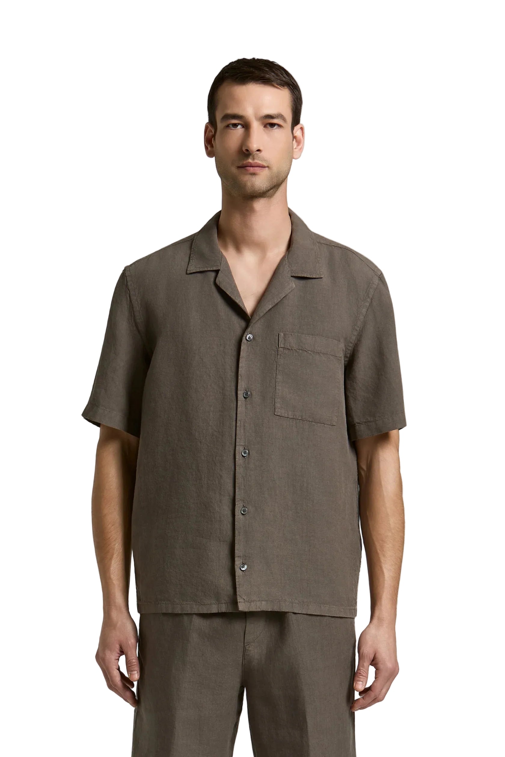 Brown linen canvas camp shirt with short sleeves, a camp collar, and a single chest patch pocket.