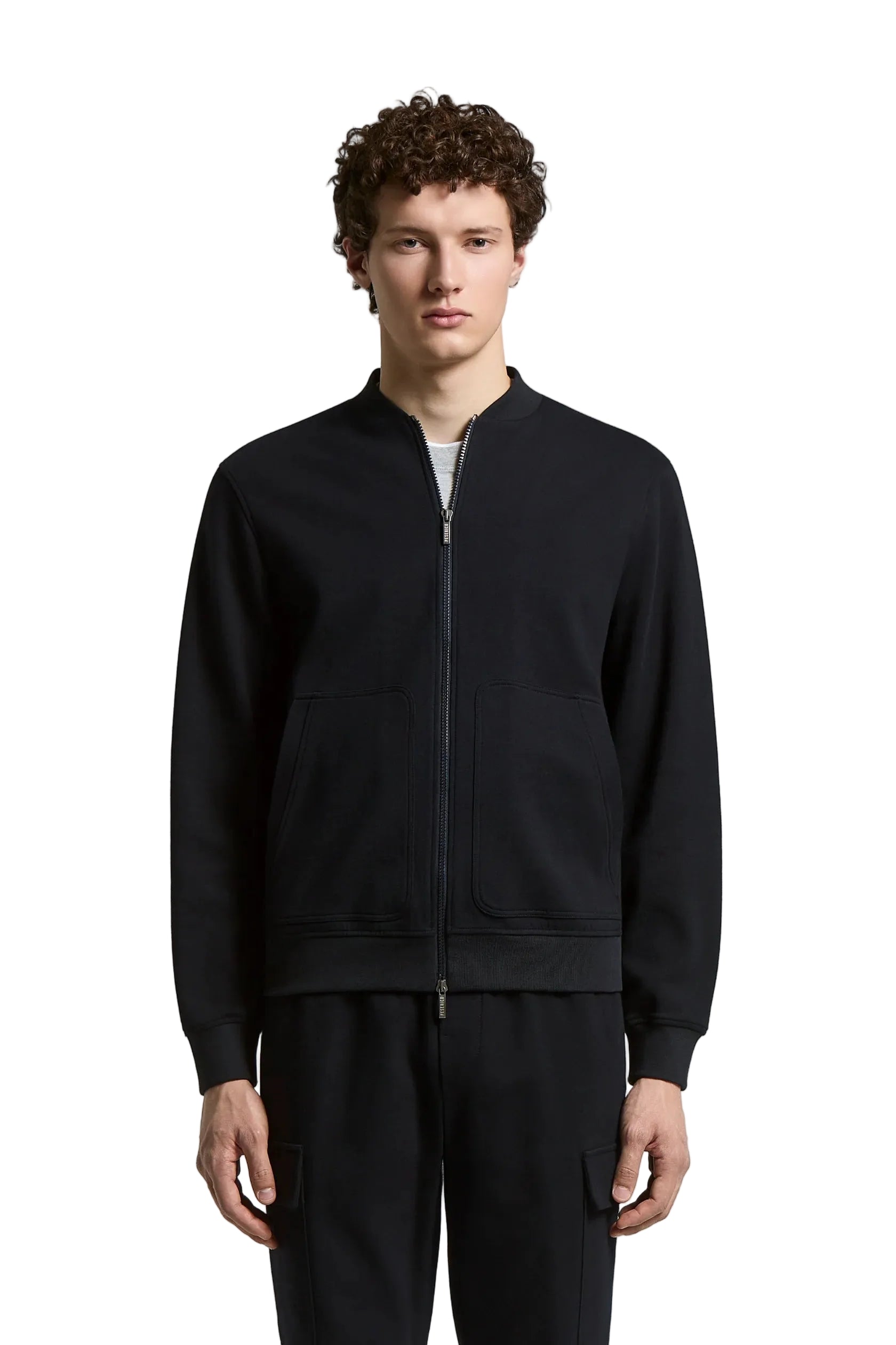 Black cotton jersey bomber-style sweatshirt with a ribbed collar, full zip front, and two front patch pockets.
