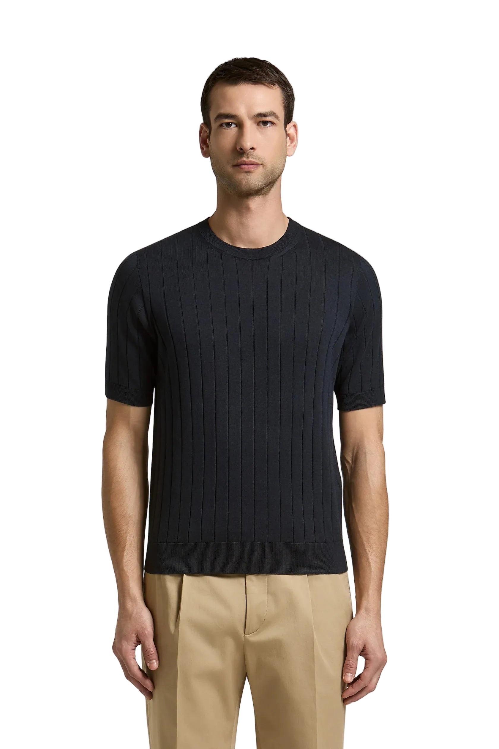 Dark blue men's cotton-silk blend short-sleeve ribbed knit top with crew neck and ribbed hem.
