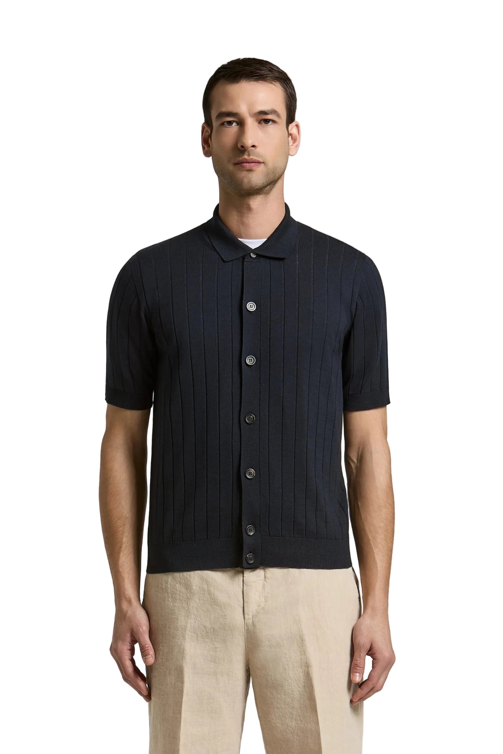 Navy blue ribbed knit short-sleeve shirt with a classic collar and full button front closure.