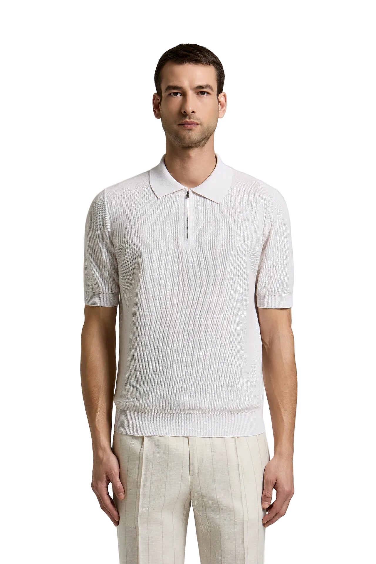 Shell beige short-sleeved polo shirt with a white collar, honeycomb knit texture, and a silver-toned front zip.