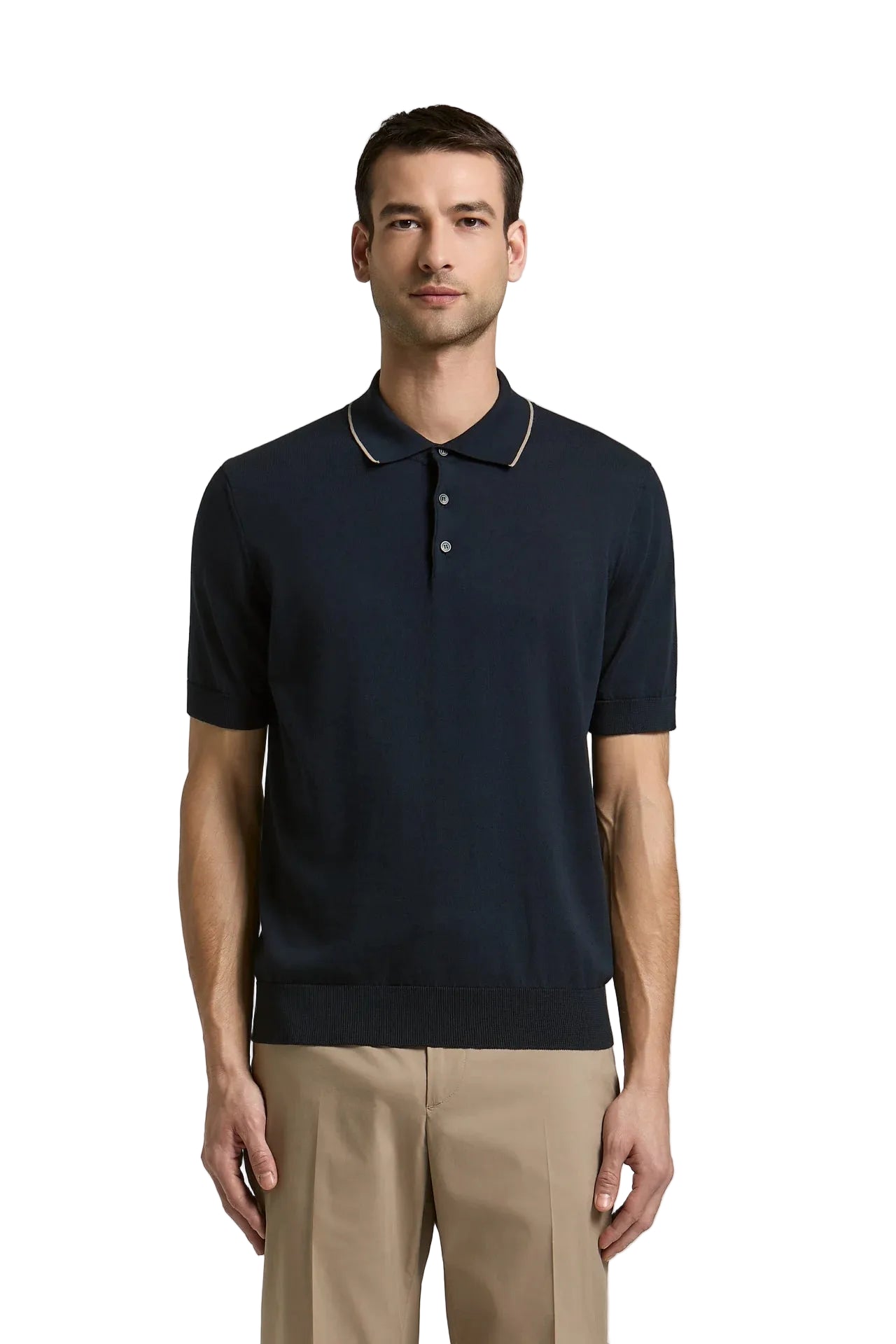 Navy blue short-sleeved knitted polo shirt with a beige trim on the collar and a three-button placket.