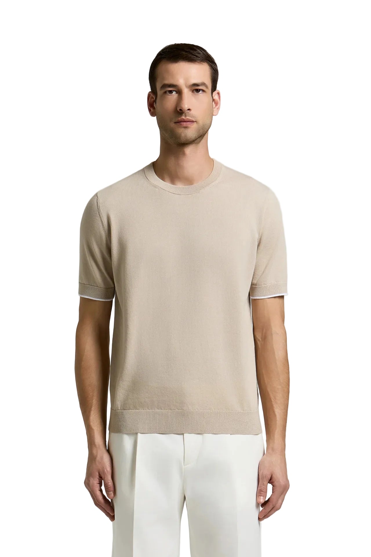 Beige pure cotton short-sleeved T-shirt with ribbed crew neck, cuffs, and hem.