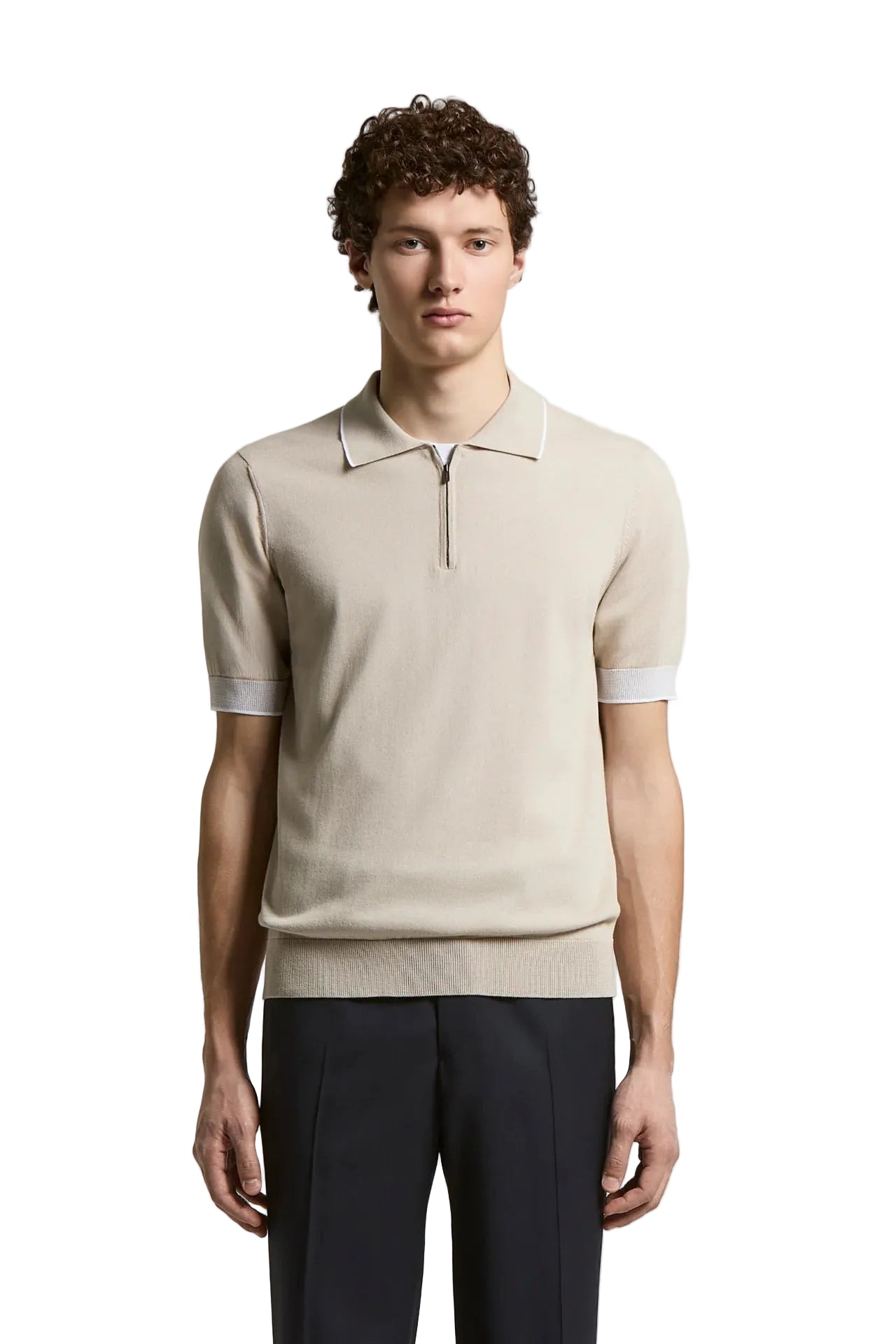 Men's beige pure cotton knit polo shirt with short sleeves, a white-trimmed collar, and a quarter-zip placket.