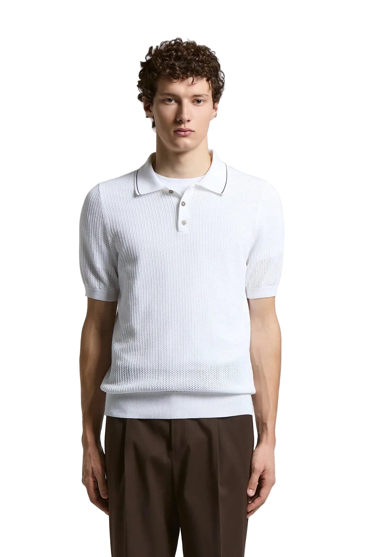 White pure cotton short-sleeved polo shirt with an open-knit texture, three-button placket, and contrast trim on the collar.