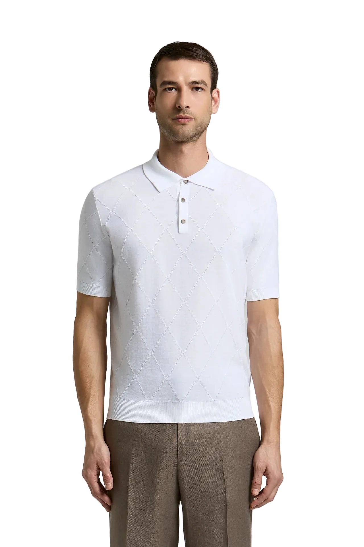 White pure cotton short-sleeved polo shirt with a subtle diamond knit pattern and three-button placket.