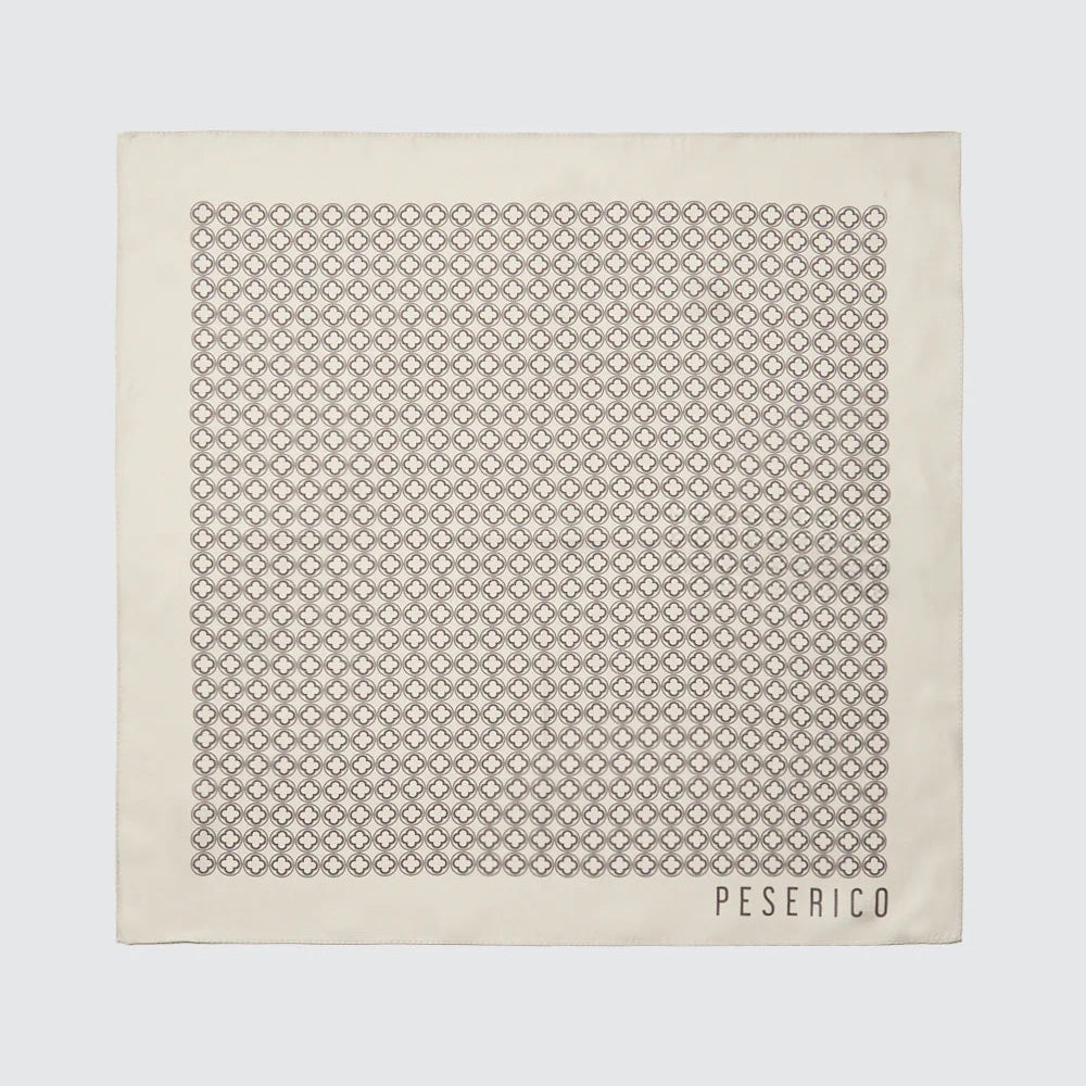 Square beige silk scarf with a repeating grey geometric quatrefoil pattern and PESERICO logo in the corner.