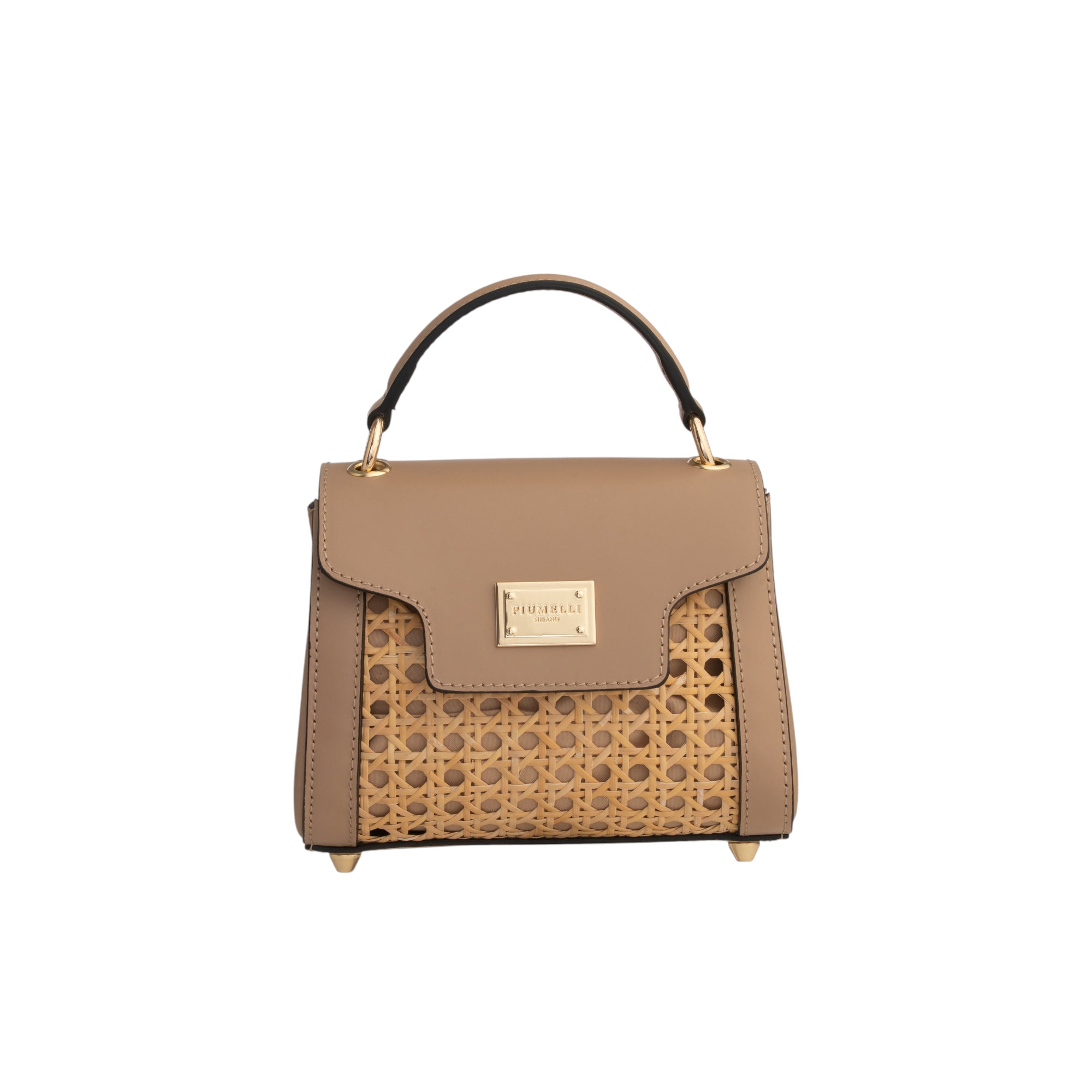 Taupe leather top handle bag with a black handle, gold-toned hardware, and a woven cane front panel. Gold-toned brand plaque