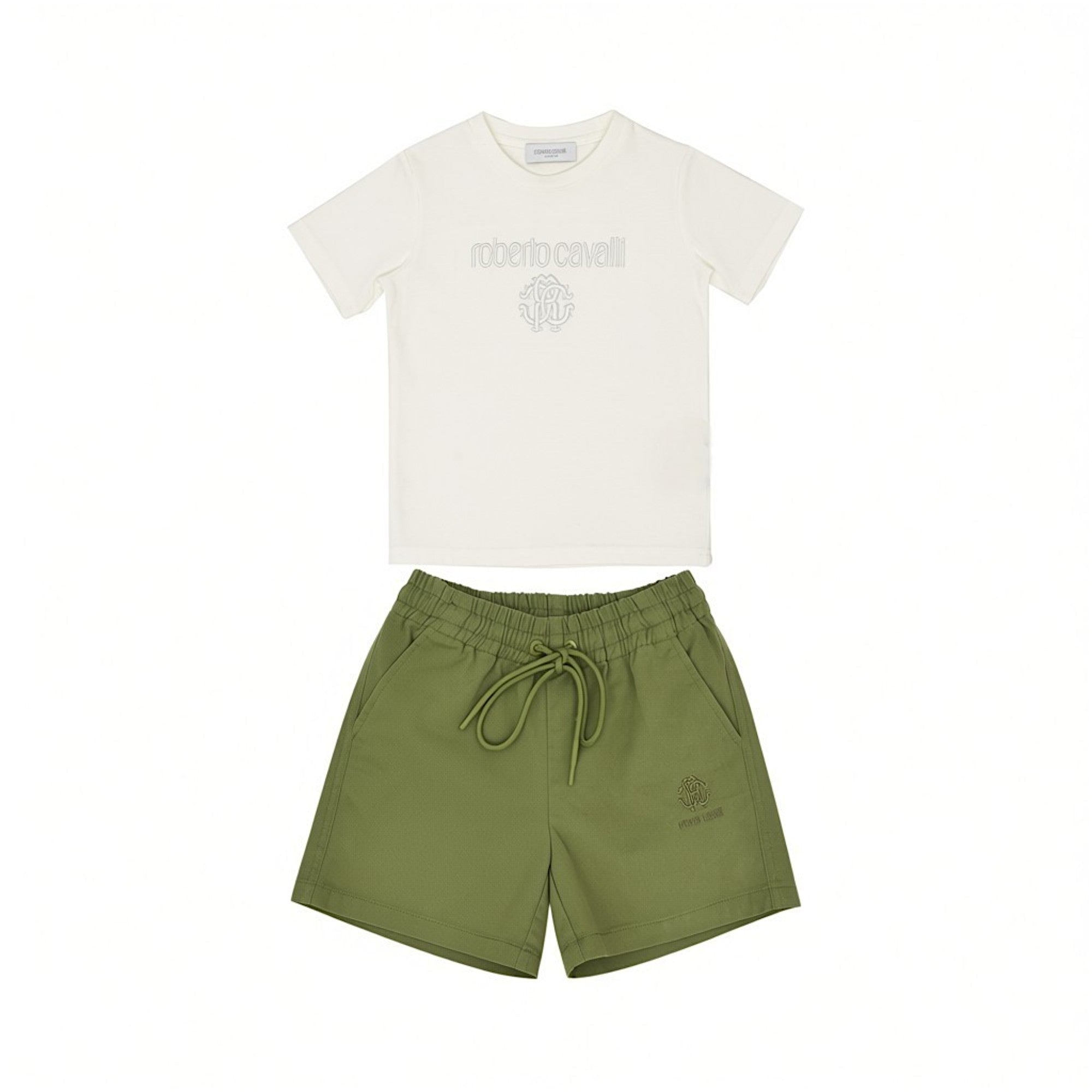 Front full view of a Roberto Cavalli boy's casual luxury set containing an off-white embroidered t-shirt and olive green drawstring twill shorts, curated for BLUE SALON.