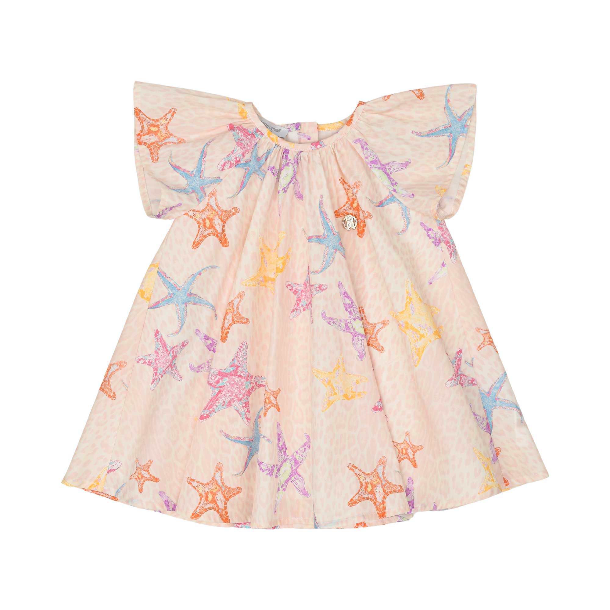 Front view of a Roberto Cavalli girl's light pink summer dress featuring wide flutter sleeves, a subtle leopard print background, and colorful starfish graphics, available at BLUE SALON.
