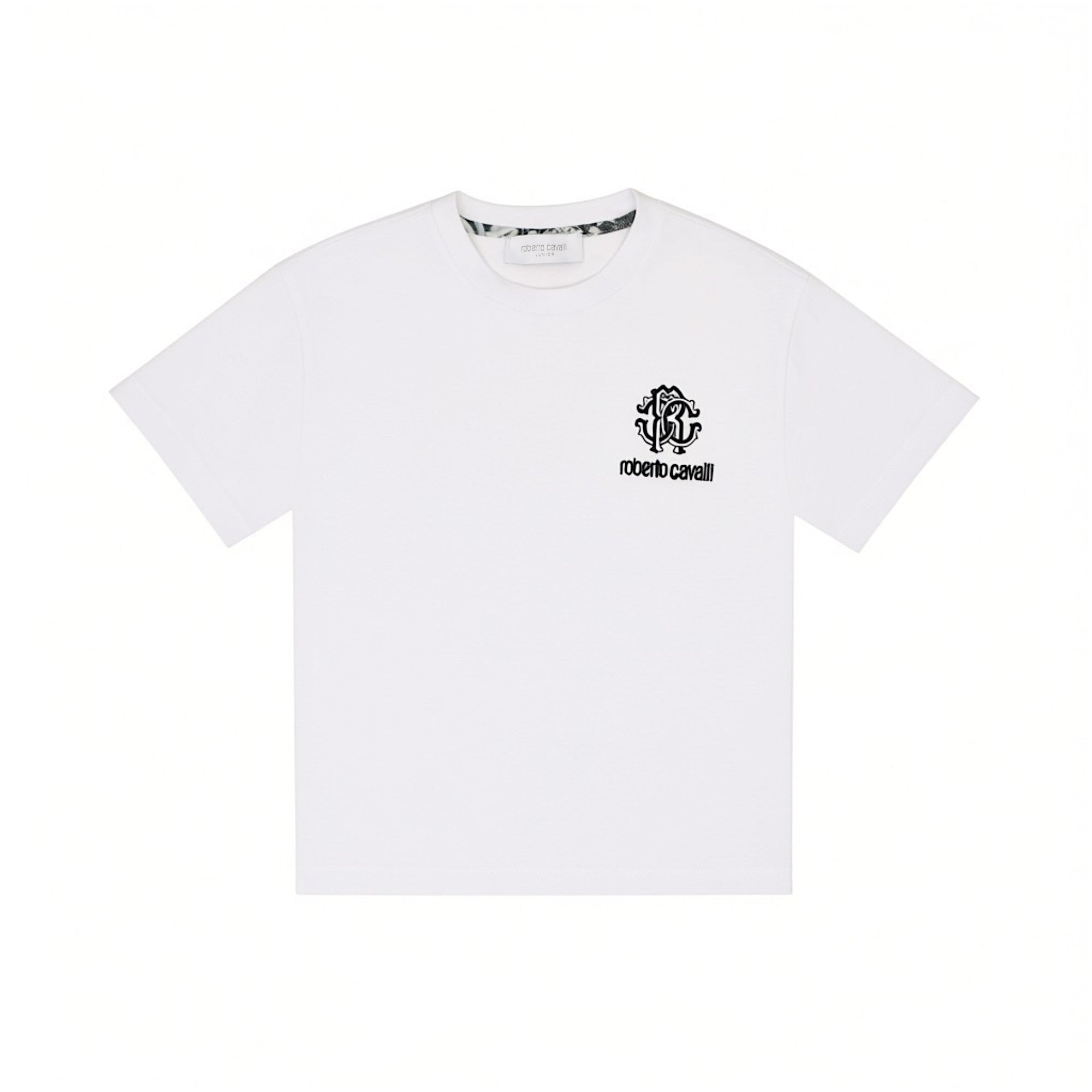 Front view of a Roberto Cavalli Junior white short-sleeved t-shirt featuring a black embroidered RC monogram and logo on the chest, available at BLUE SALON.