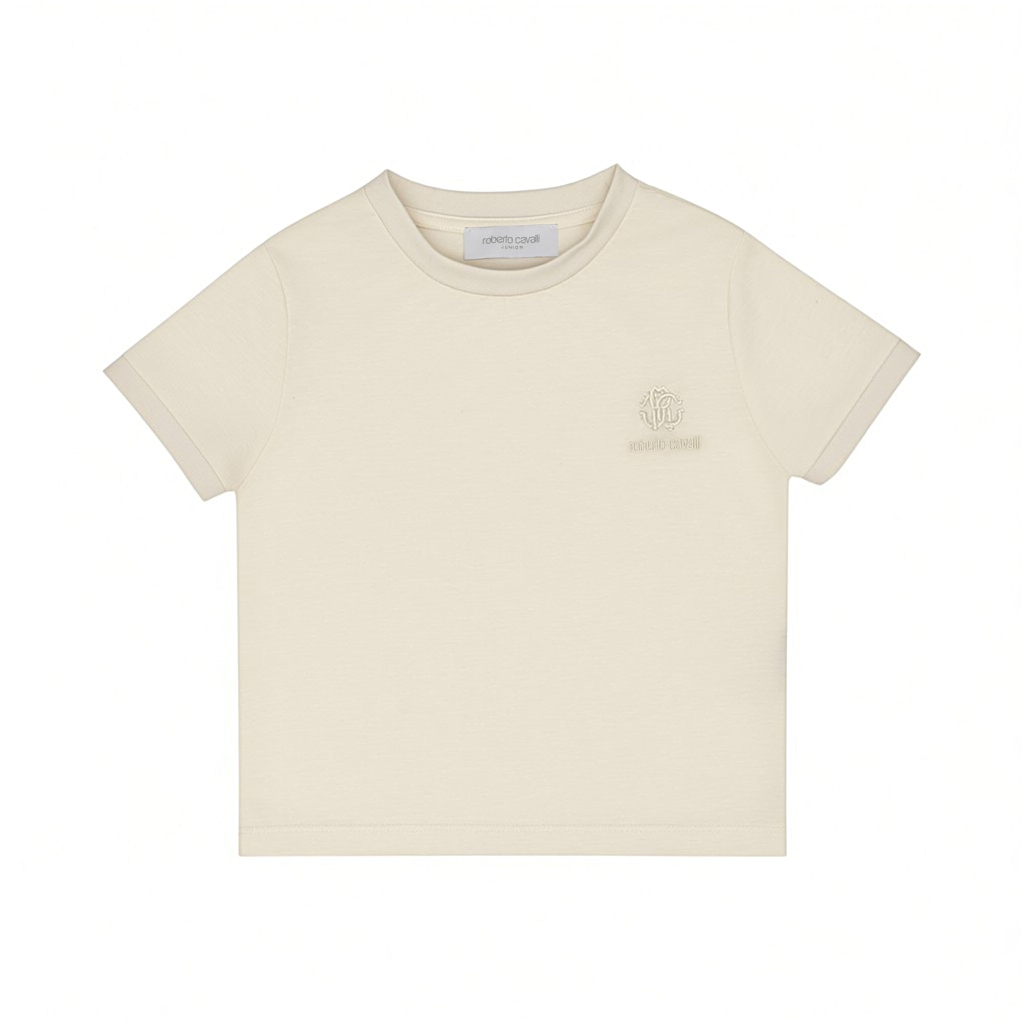 Front view of a Roberto Cavalli unisex kids off-white short-sleeved t-shirt featuring a crewneck and a small cream-colored embroidered RC monogram logo on the chest, available at BLUE SALON.