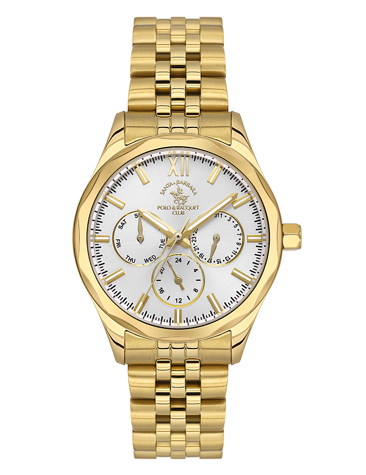 Gold-toned Santa Barbara Polo & Racquet Club men's watch with a white dial, three sub-dials, and a link bracelet.