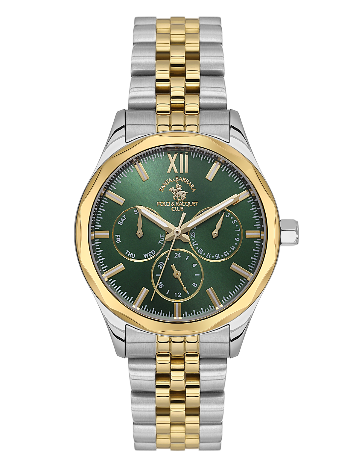 Santa Barbara Polo & Racquet Club men's watch with a deep green dial, gold-toned bezel, and two-tone silver and gold bracelet