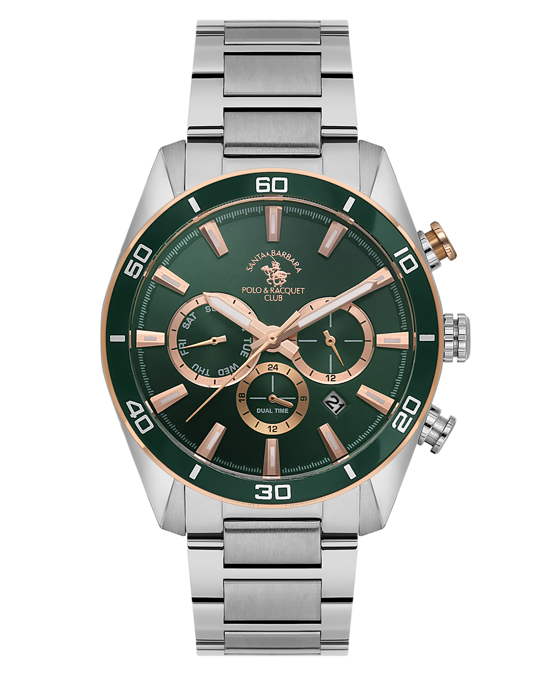 Santa Barbara Polo & Racquet Club men's watch with a silver-toned case, dark green dial, rose gold-toned accents, and a silve