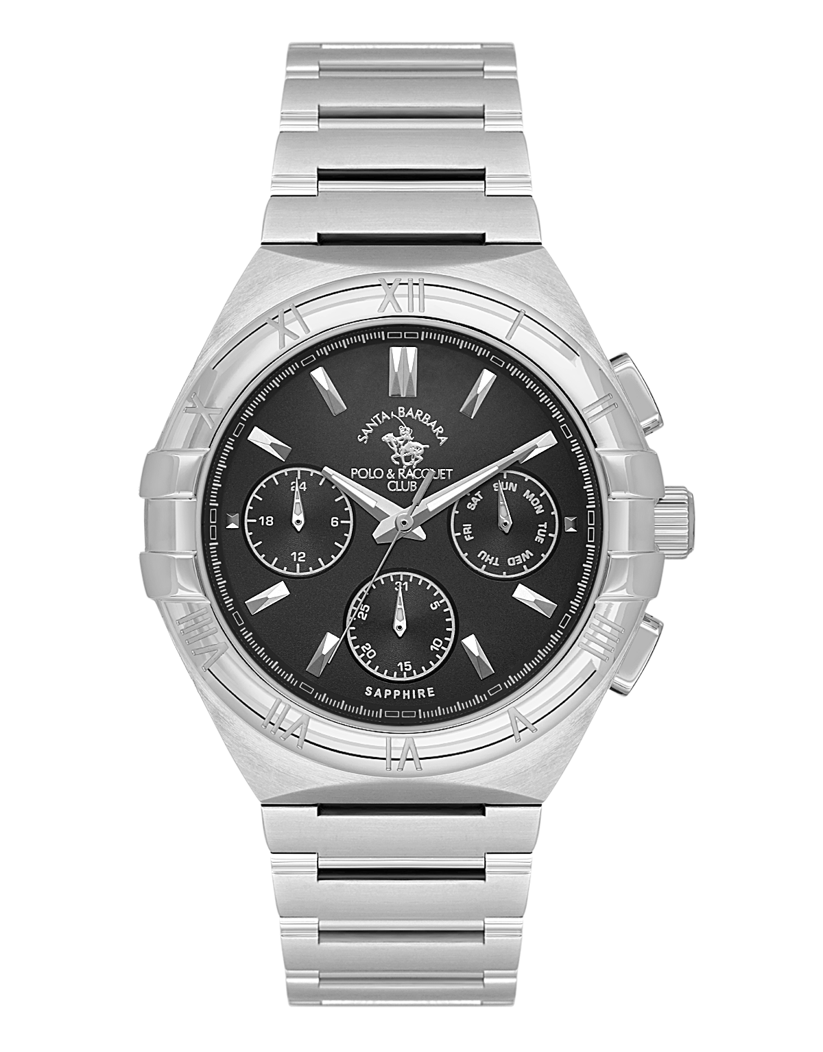Silver-toned Santa Barbara Polo & Racquet Club men's chronograph watch with a black dial and metal link bracelet.