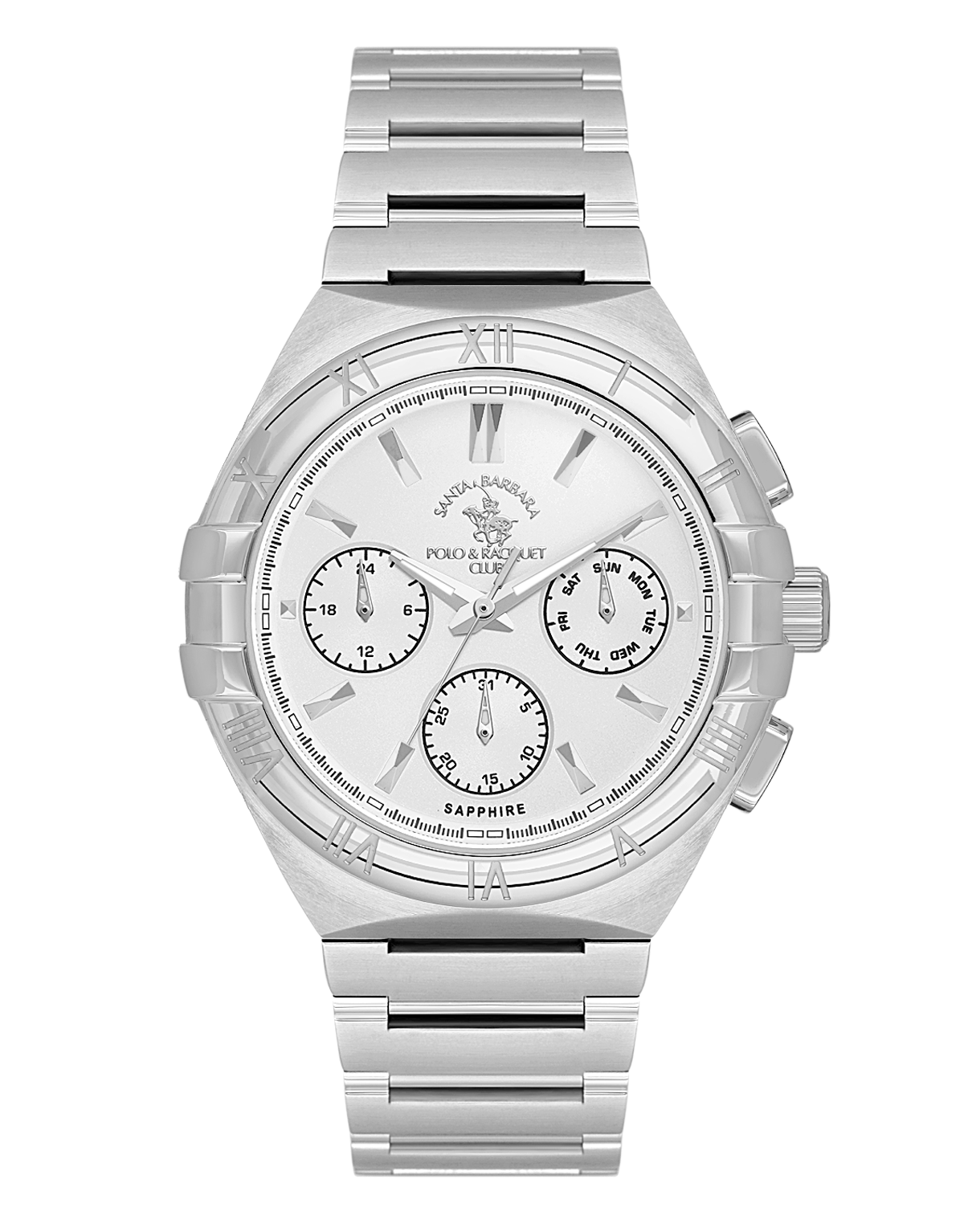 Santa Barbara Polo & Racquet Club men's watch with a silver-toned metal case, matching link bracelet, and a white multi-funct