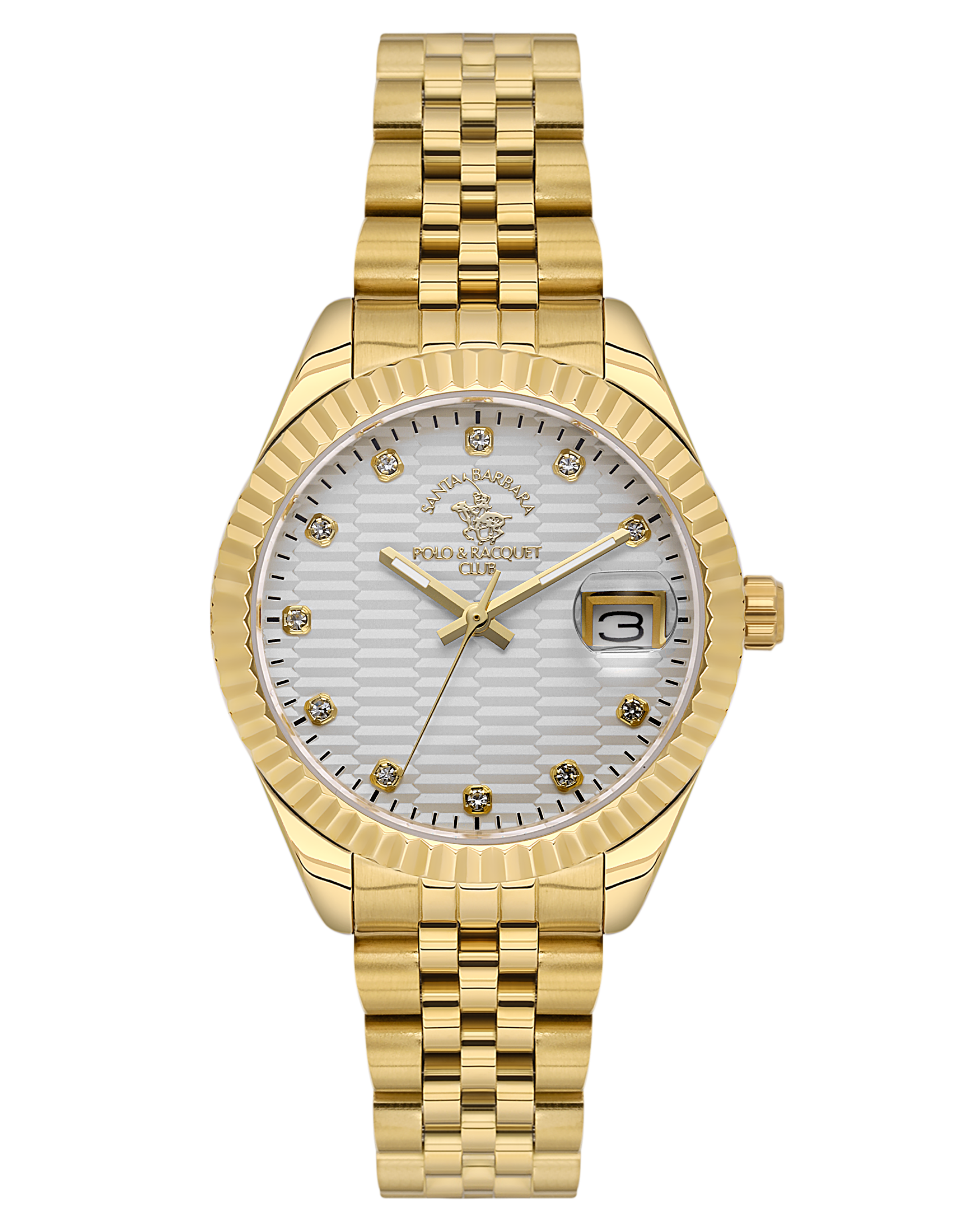 Gold-toned watch with a fluted bezel, white textured dial, stone hour markers, date window, and multi-link bracelet.