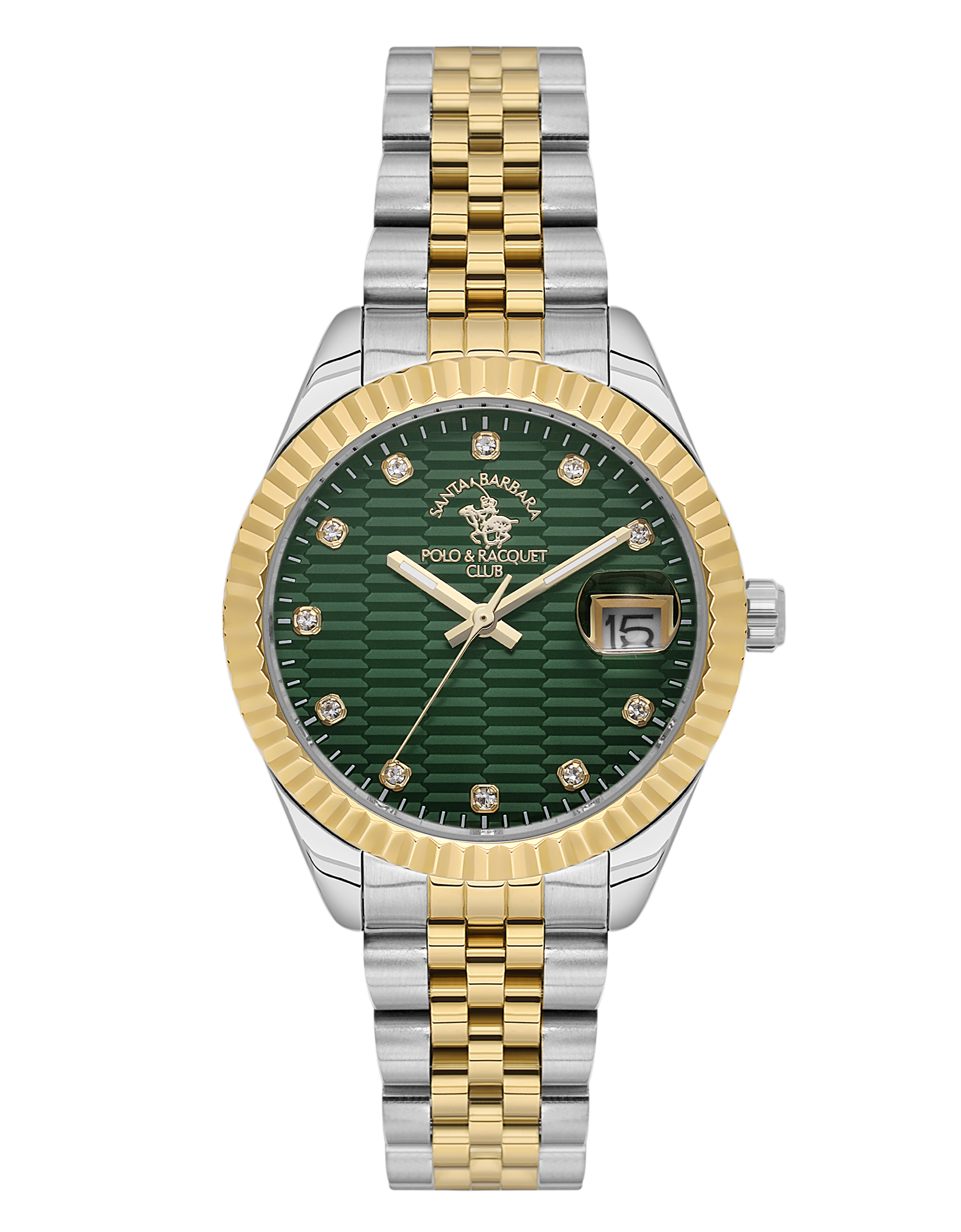 Santa Barbara Polo & Racquet Club women's watch with a two-tone silver and gold-toned metal bracelet, green textured dial, an