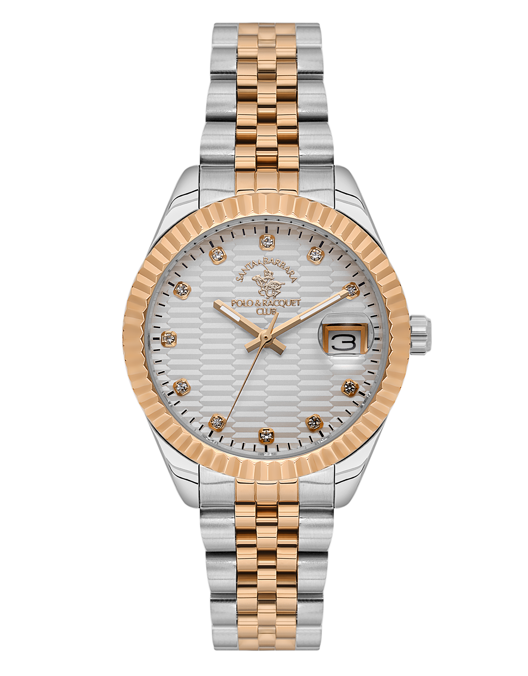 Women's Santa Barbara Polo & Racquet Club watch with a silver-toned case and bracelet, rose gold-toned fluted bezel, and rose