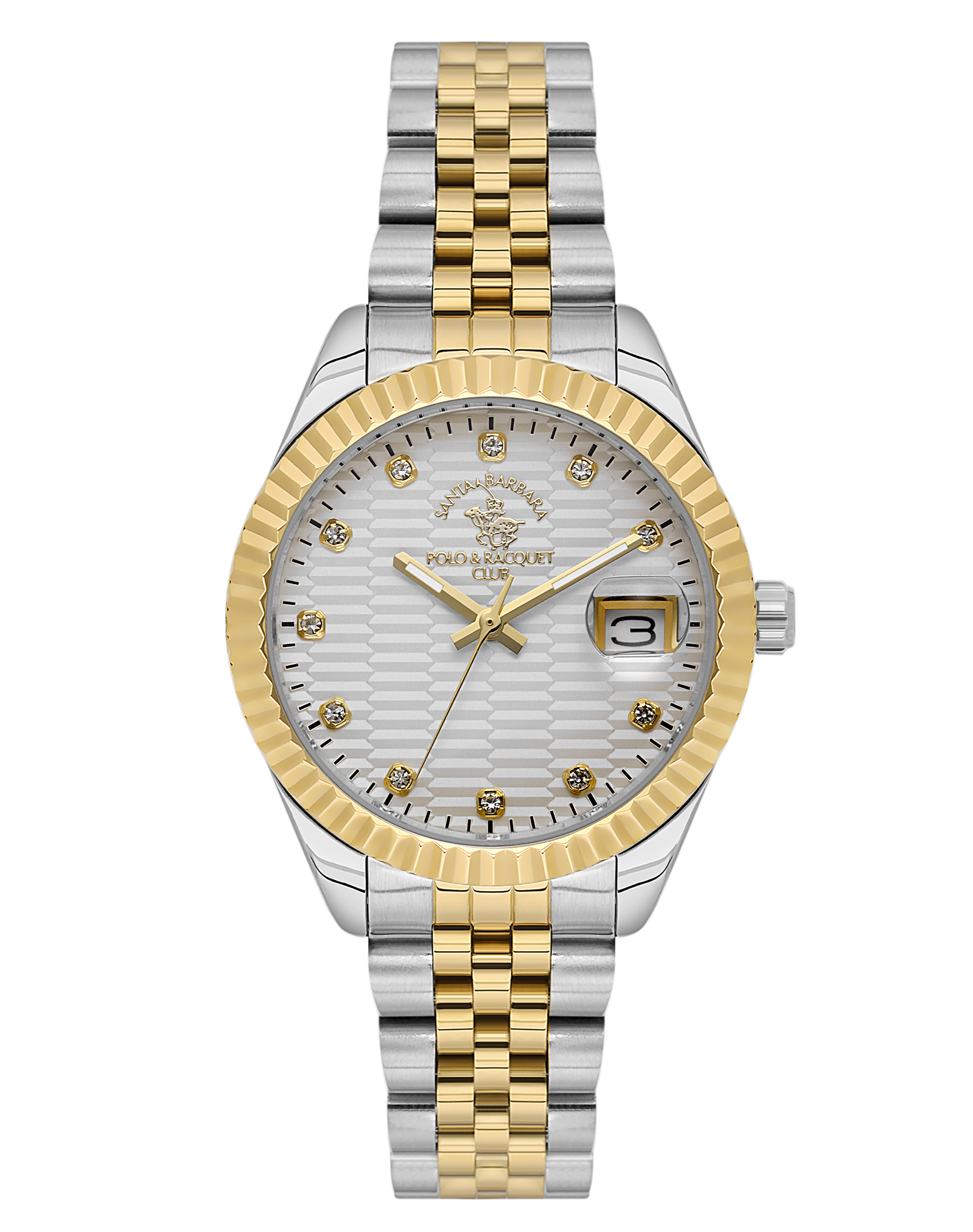 Silver-toned and gold-toned metal watch with a white textured dial, crystal hour markers, and a date window.