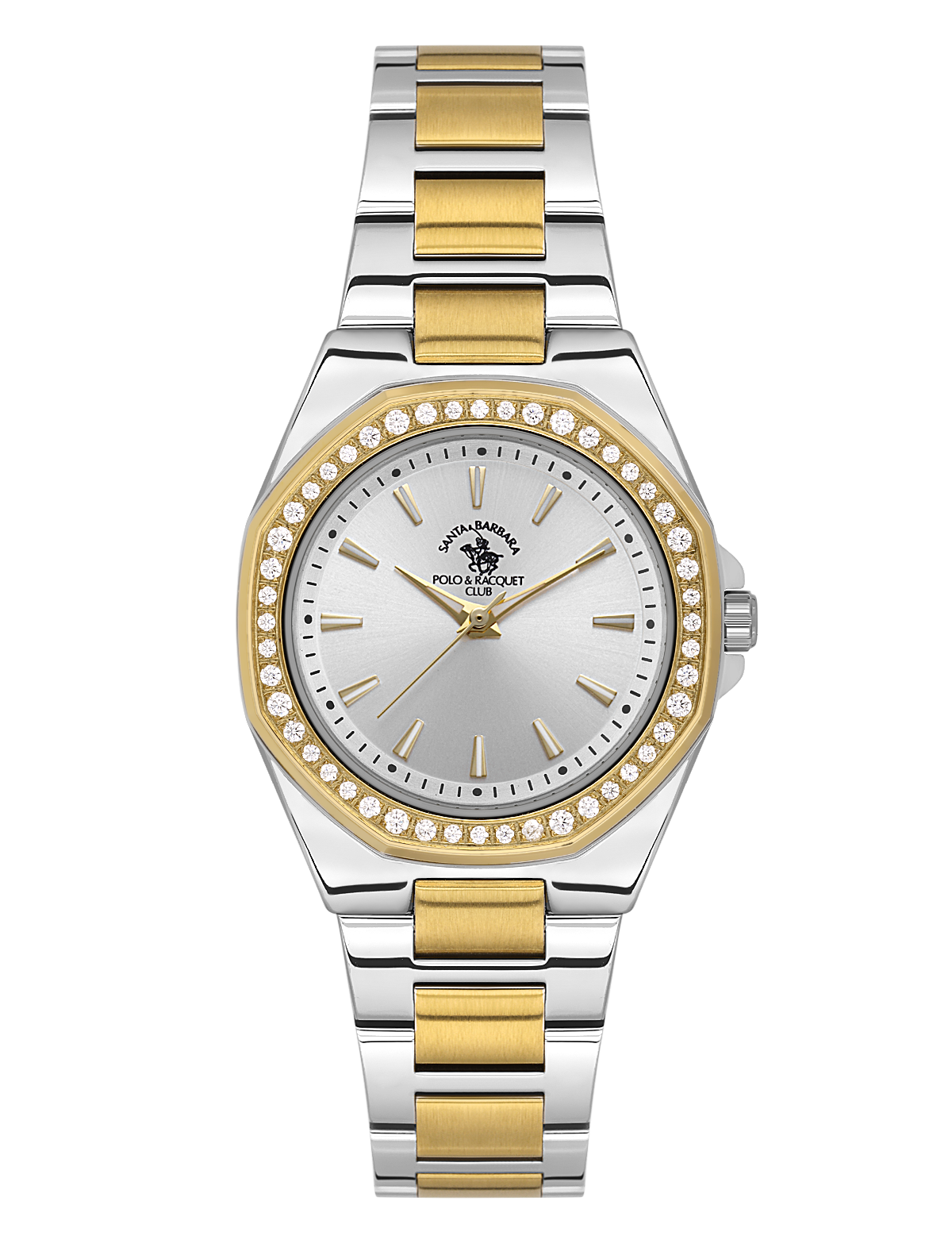 Silver and gold-toned women's watch with an octagonal bezel embellished with clear stones and a silver dial.
