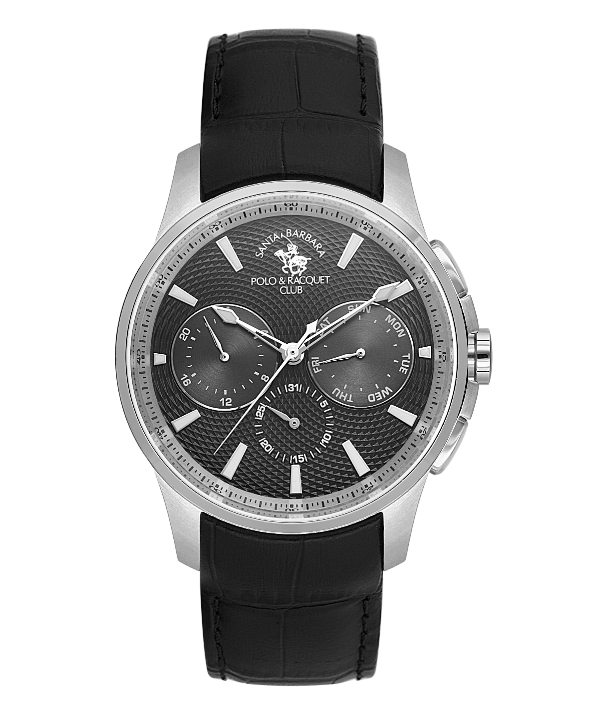 Men's watch with a silver-toned case, black textured dial, three sub-dials, and a black crocodile-embossed strap.