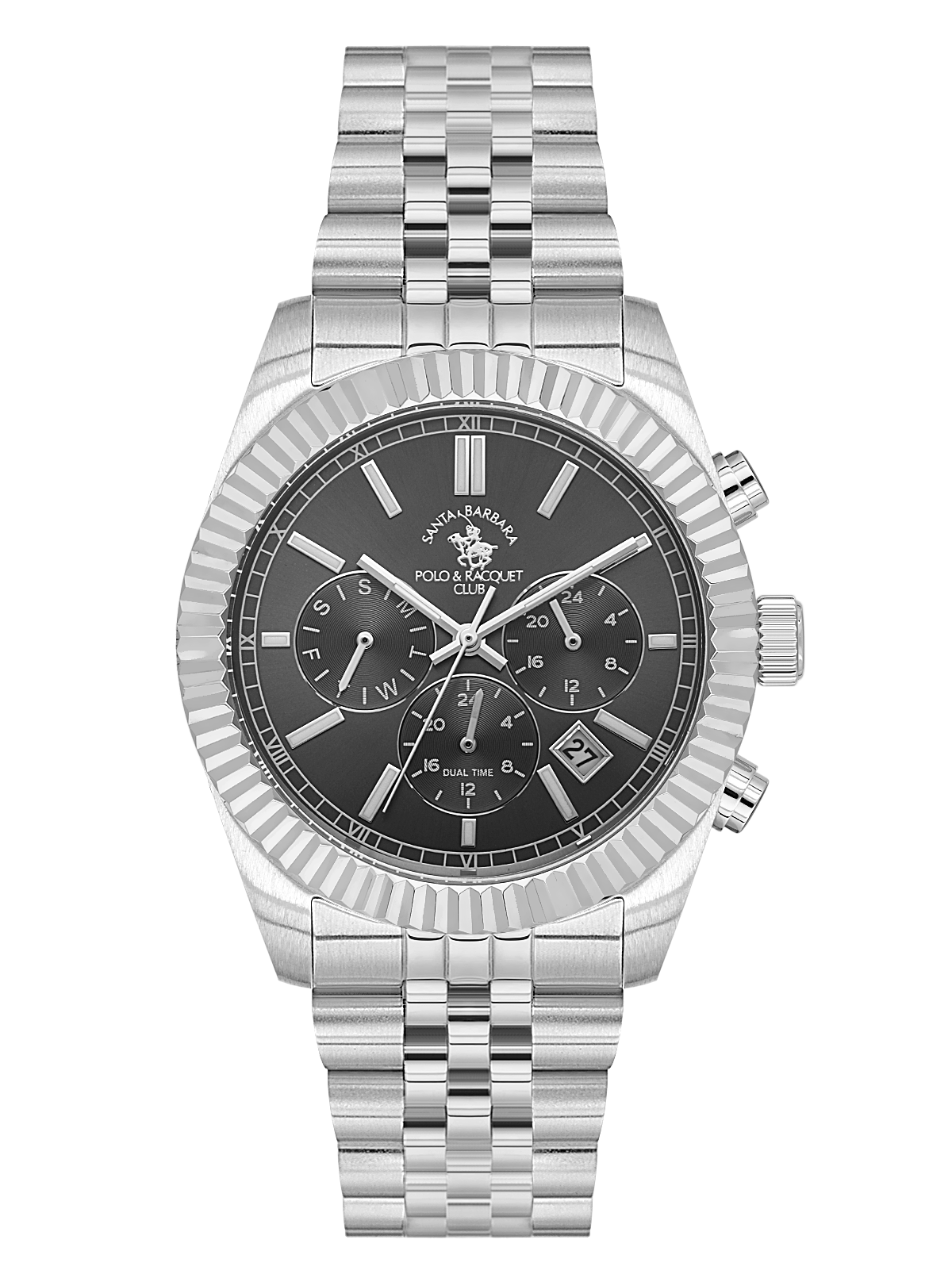 Silver-toned metal watch with a fluted bezel, dark grey dial, three sub-dials, date window, and a five-link bracelet.