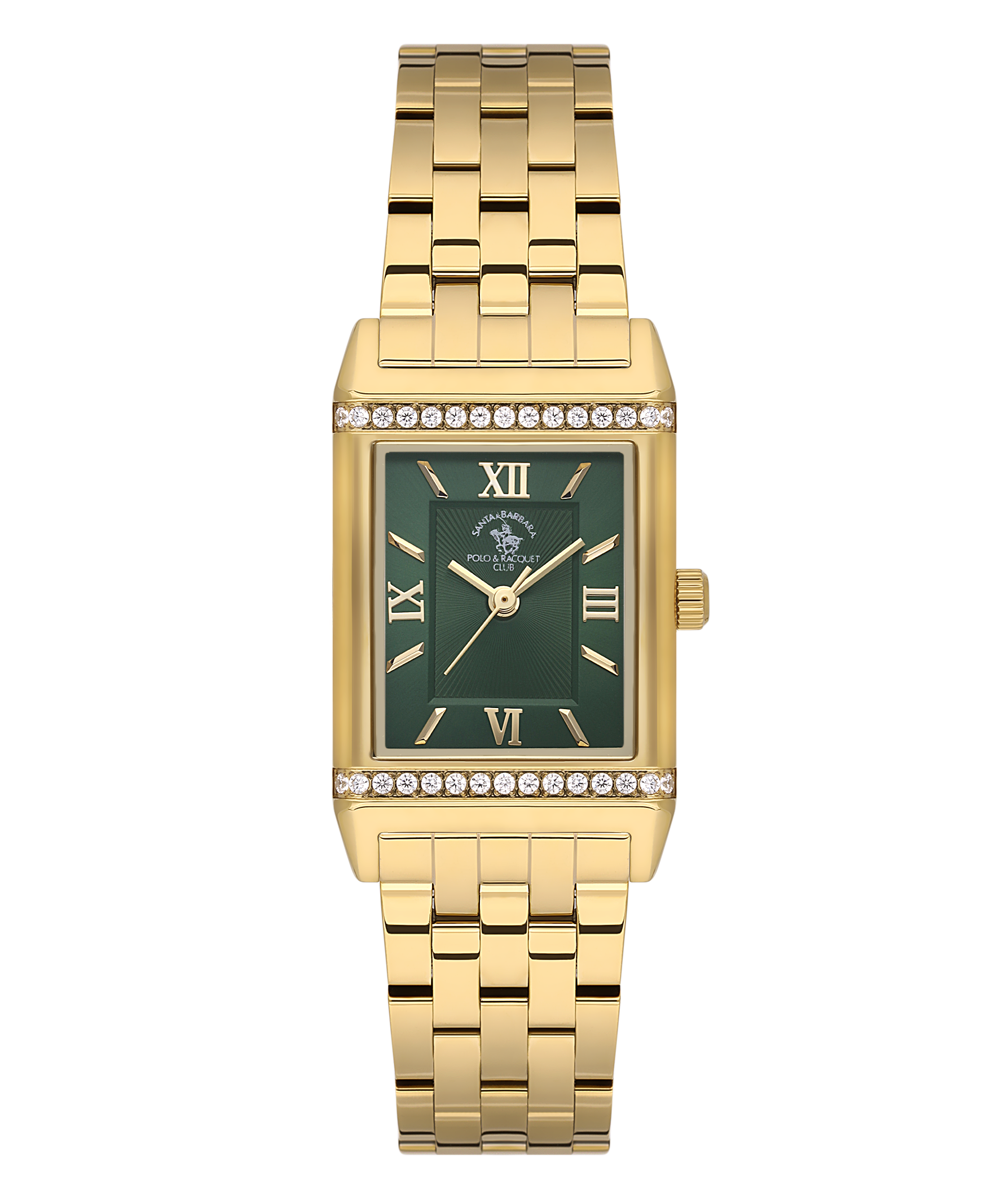 Gold-toned rectangular watch with a dark green dial, Roman numerals, and crystal embellishments on the case.