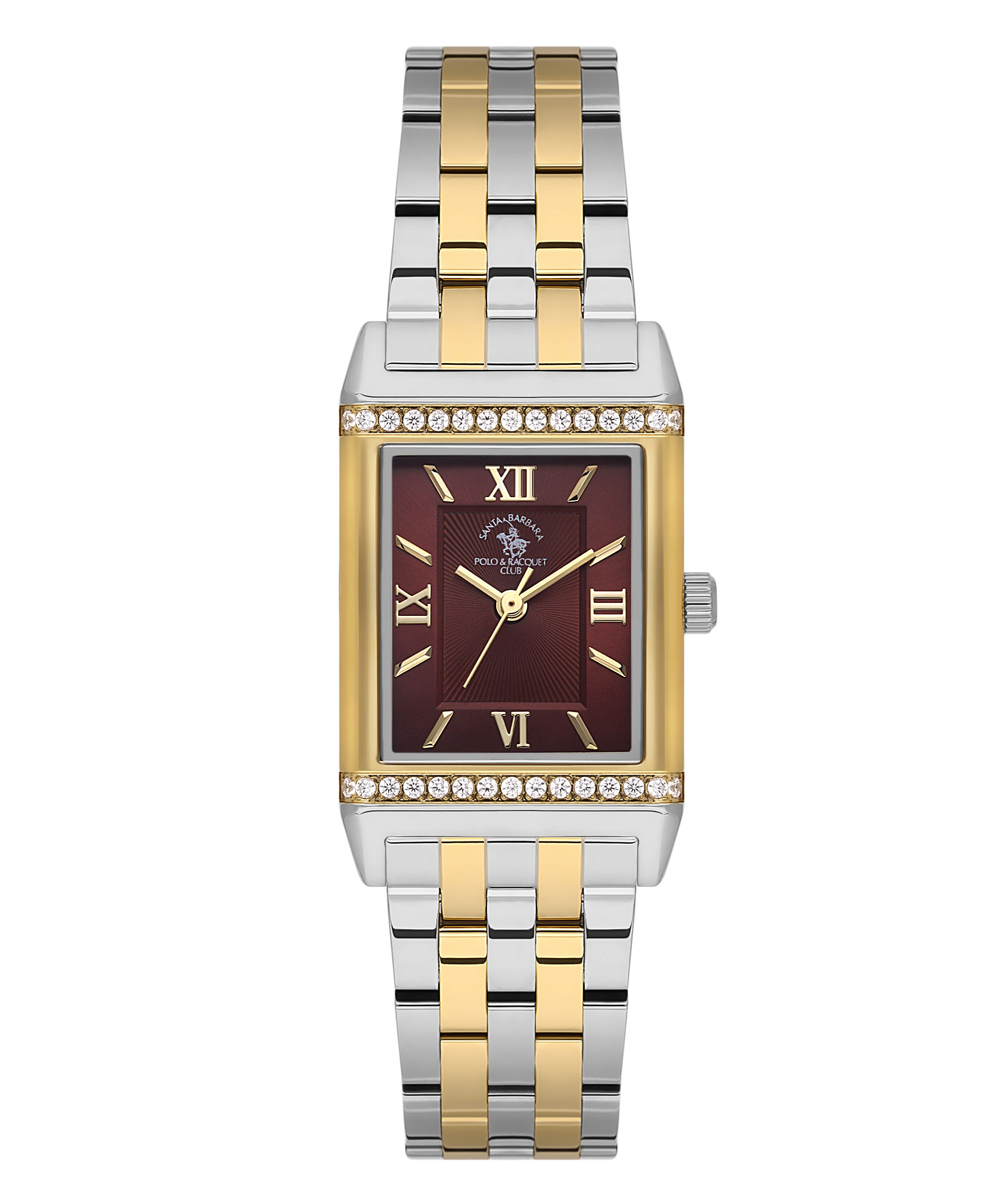 Santa Barbara Polo & Racquet Club women's watch with a rectangular gold-toned case, red dial, and two-tone silver and gold-to
