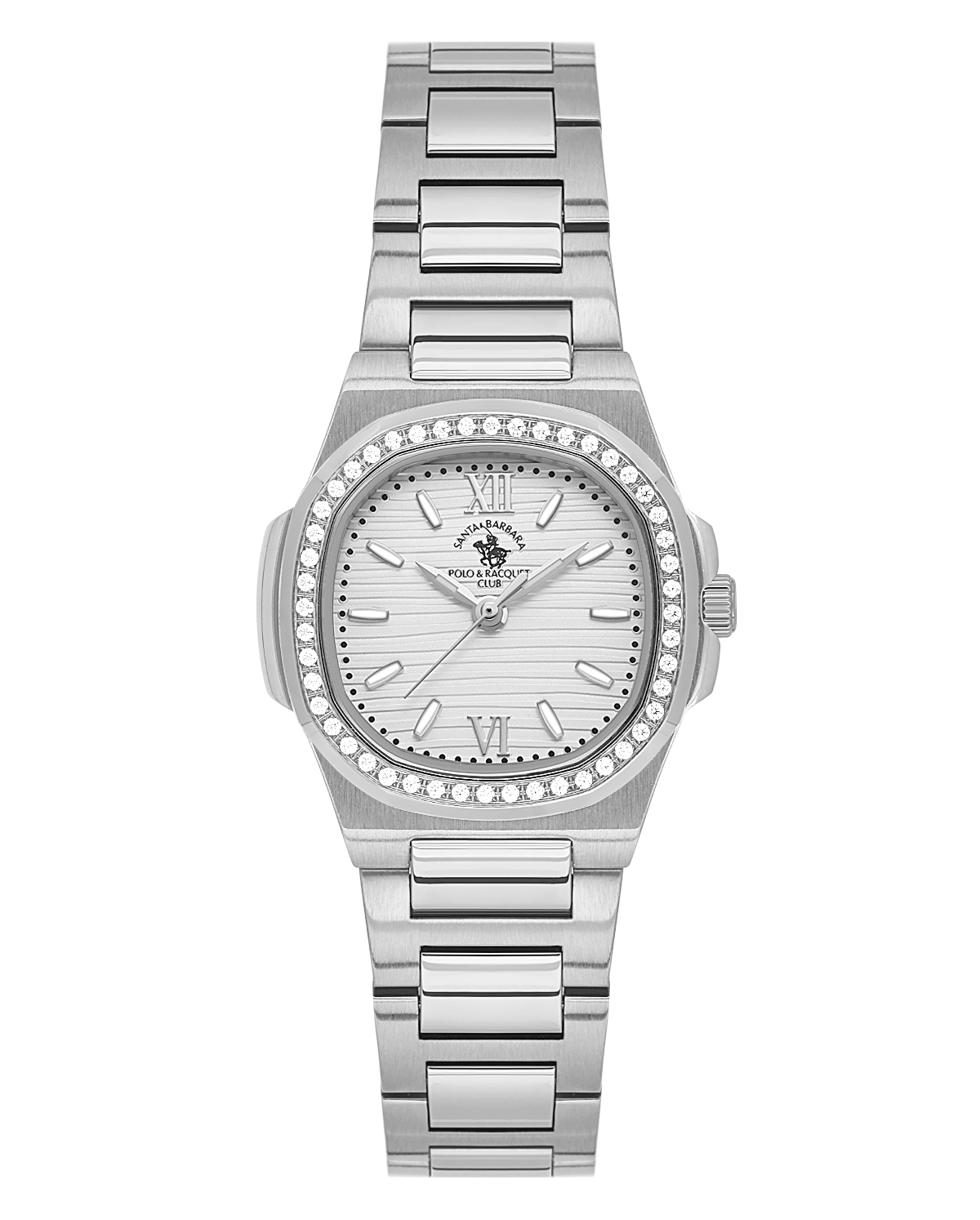 Silver-toned women's watch with a cushion-shaped case, stone-set bezel, and metallic link bracelet