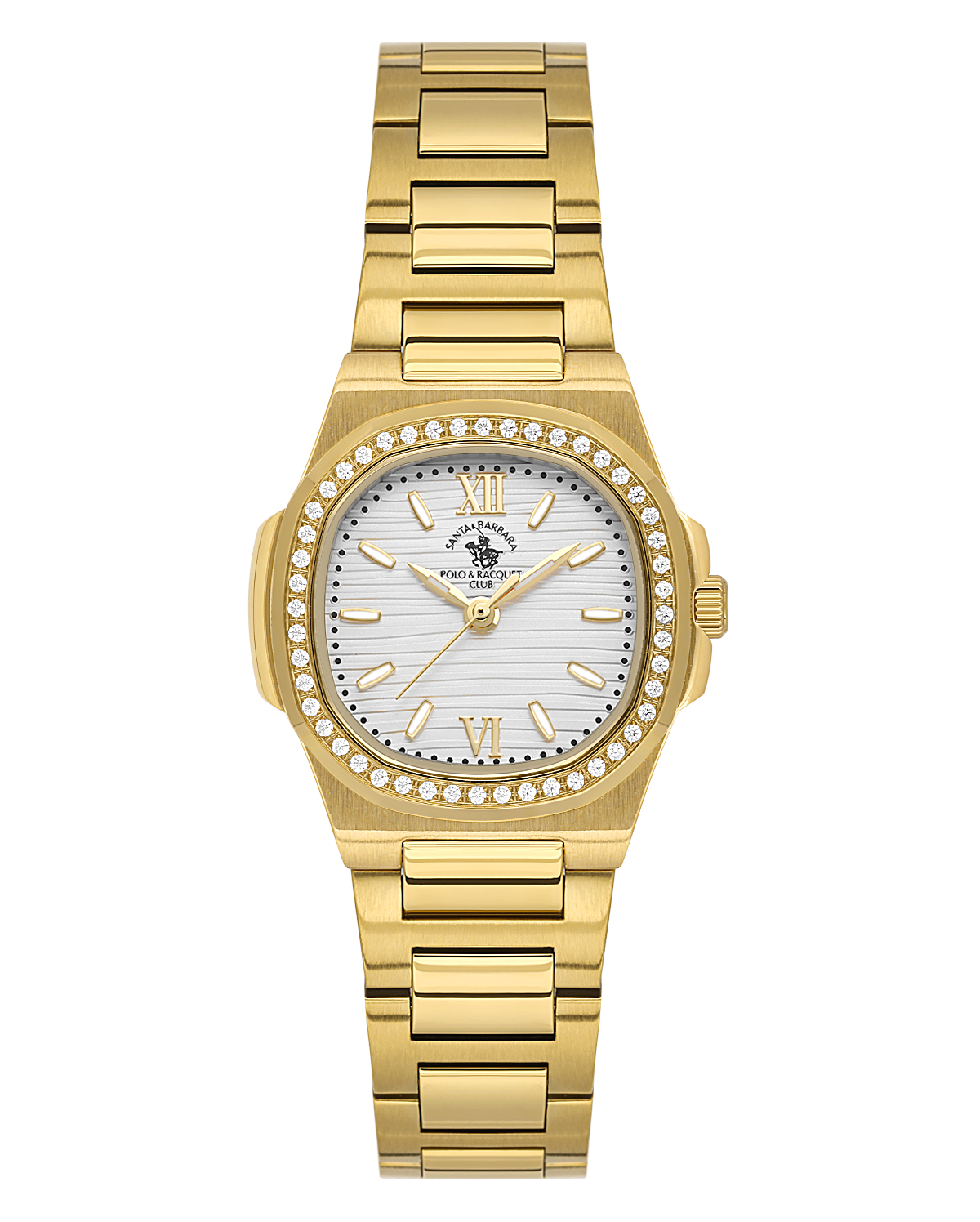 Gold-toned Santa Barbara Polo & Racquet Club women's watch with a cushion-shaped case, white striped dial, and clear stones o