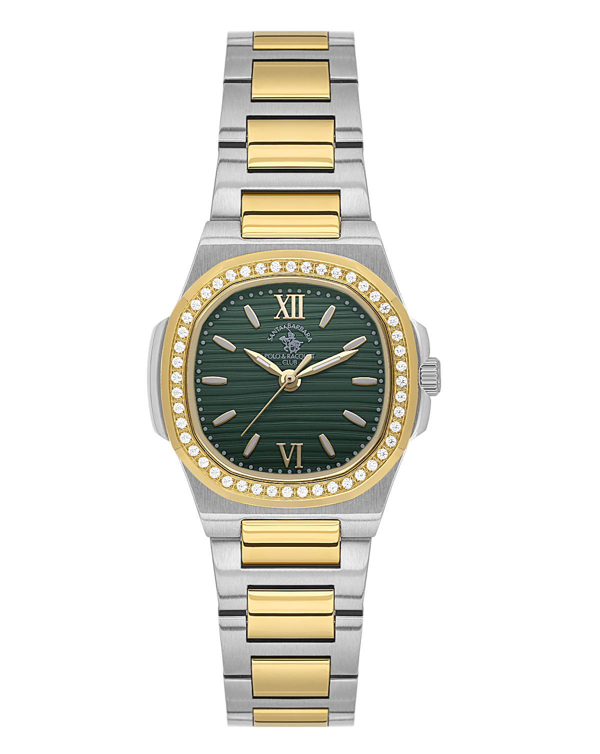 Santa Barbara Polo & Racquet Club two-toned metal watch with a dark green textured dial and an embellished gold-toned bezel.