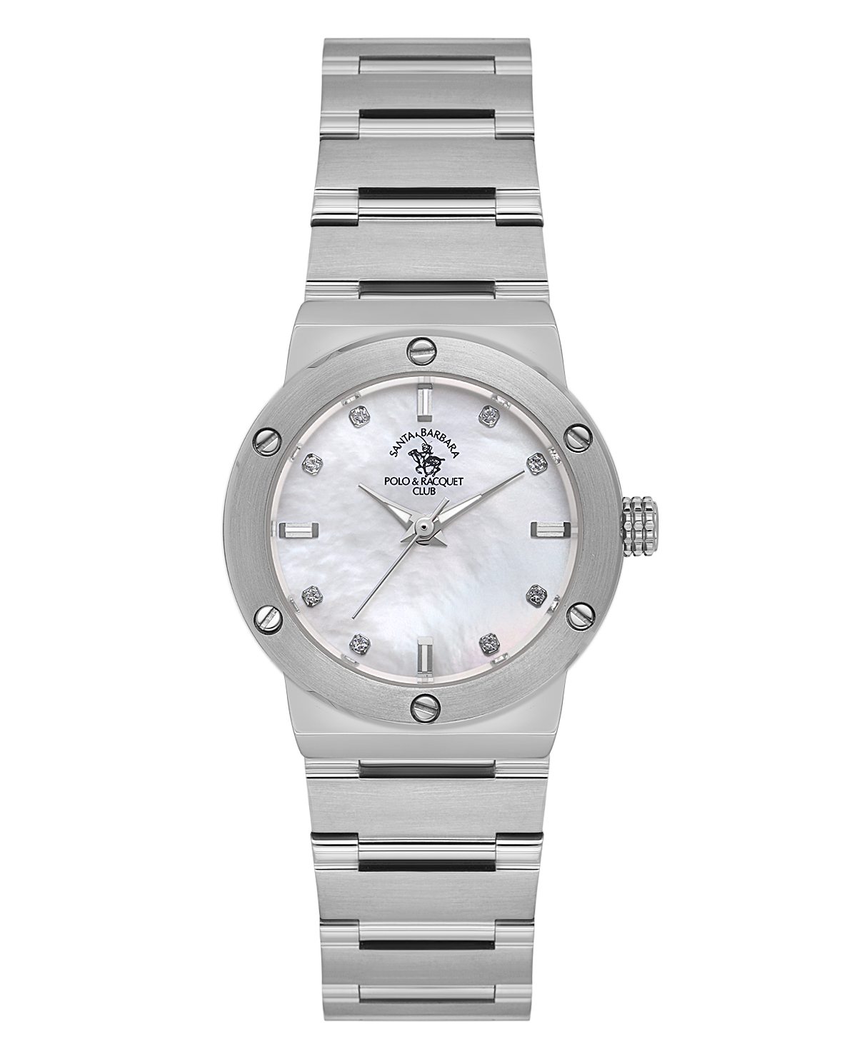 Silver-toned women's watch with a white mother-of-pearl dial, crystal hour markers, and a metal link bracelet.