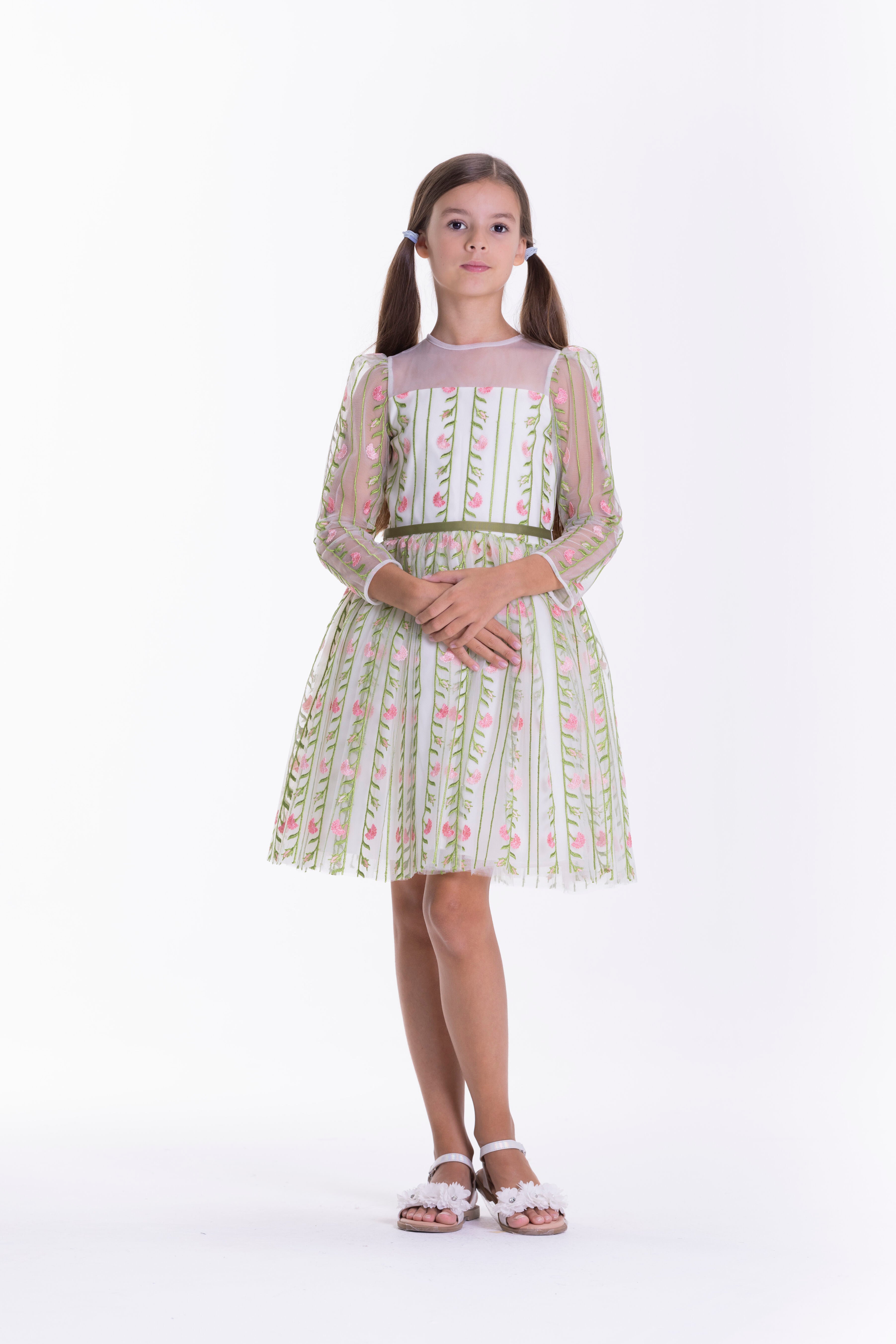 Off-white embroidered tulle dress with green vertical stripes and pink floral motifs, sheer long sleeves, and a green ribbon