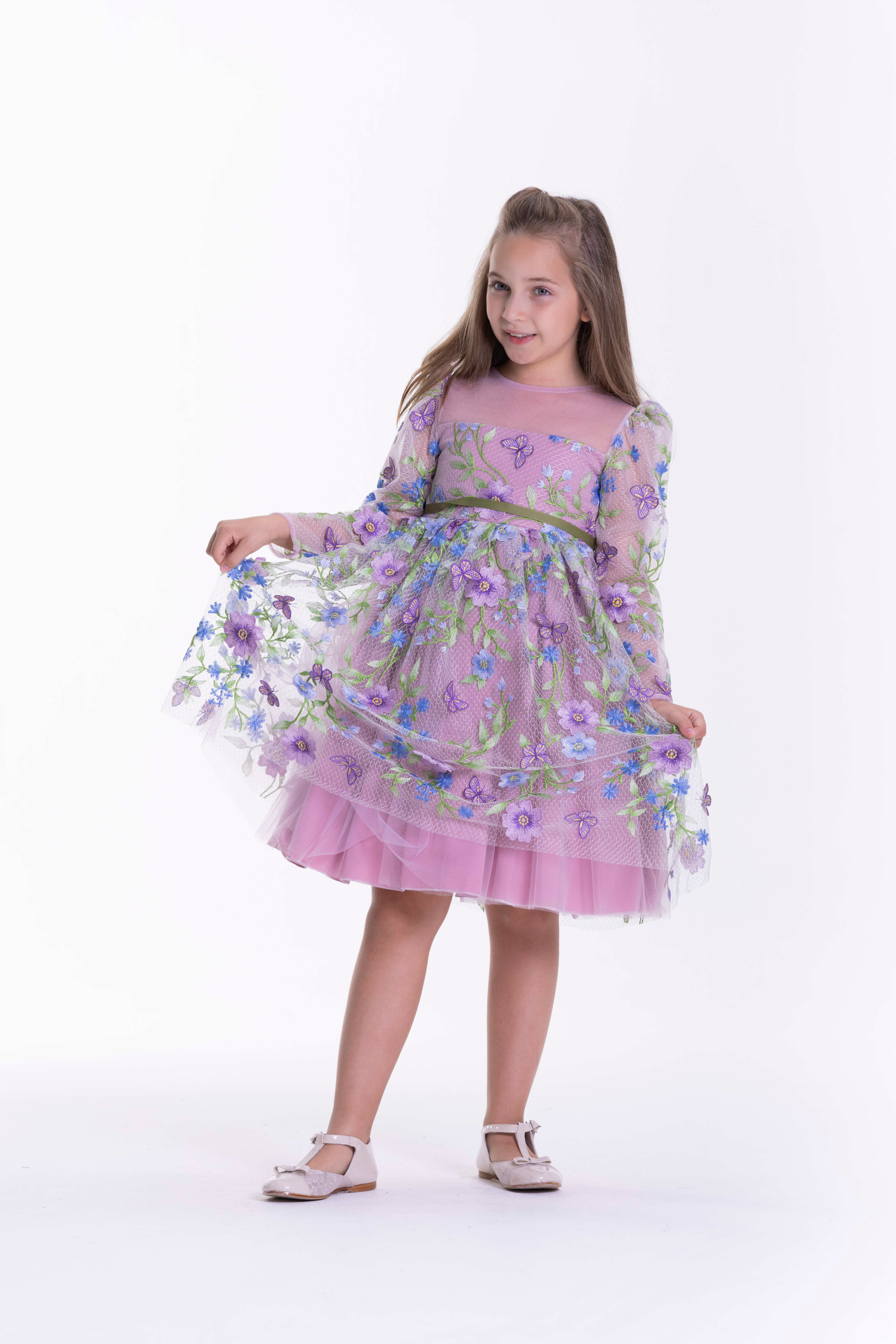 Purple kids' dress with sheer long sleeves, round neckline, and a full skirt featuring floral and butterfly embroidery.