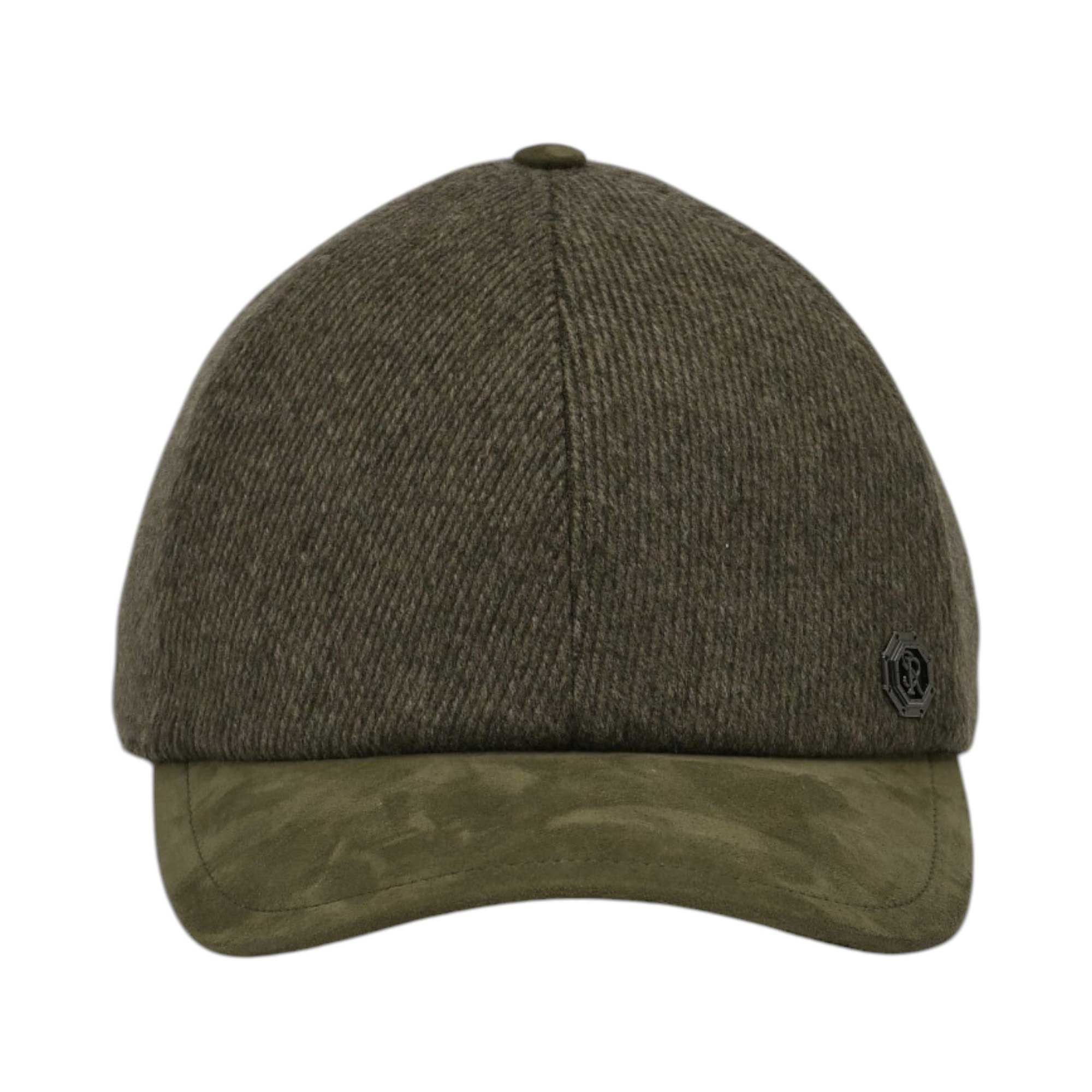 Olive green baseball cap with a textured woven fabric crown and a darker olive green suede brim, featuring a dark metallic em
