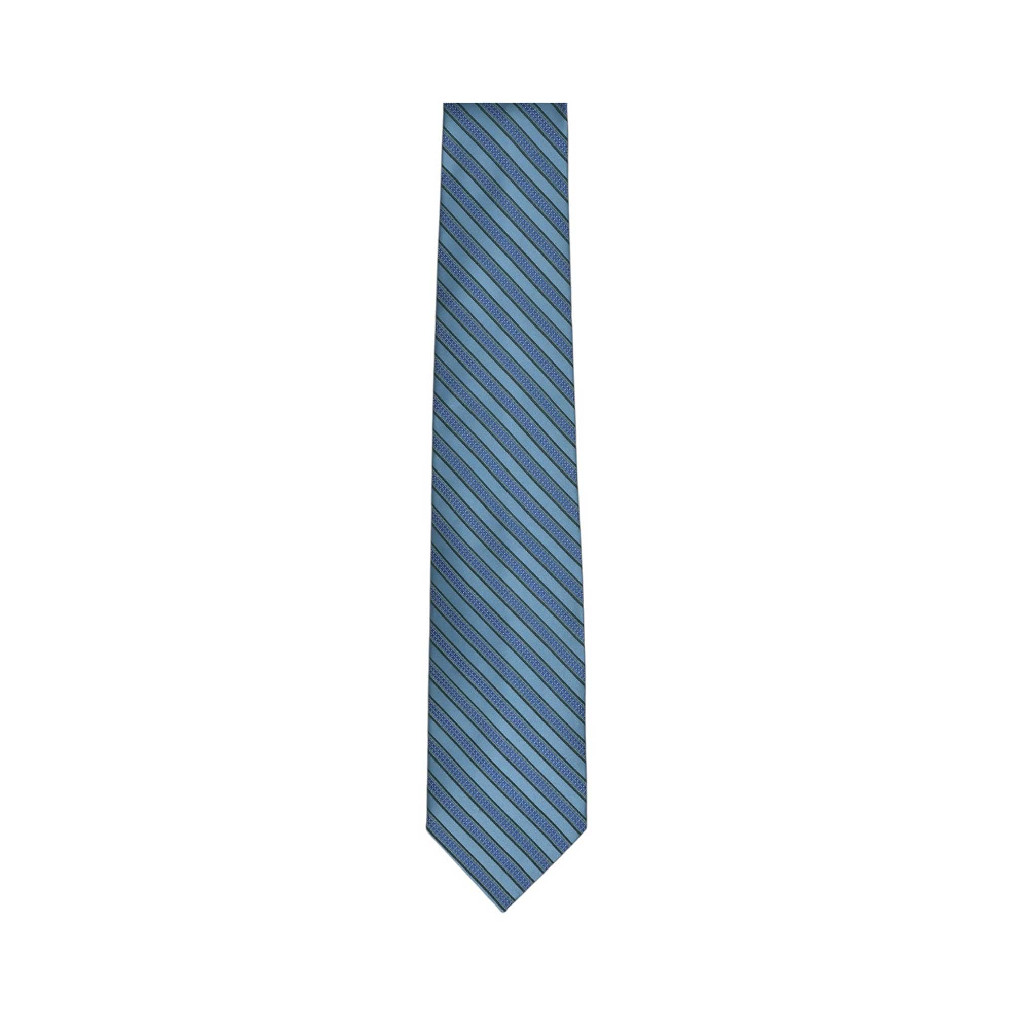 Light blue necktie with dark blue diagonal stripes and a subtle patterned texture on alternating bands.