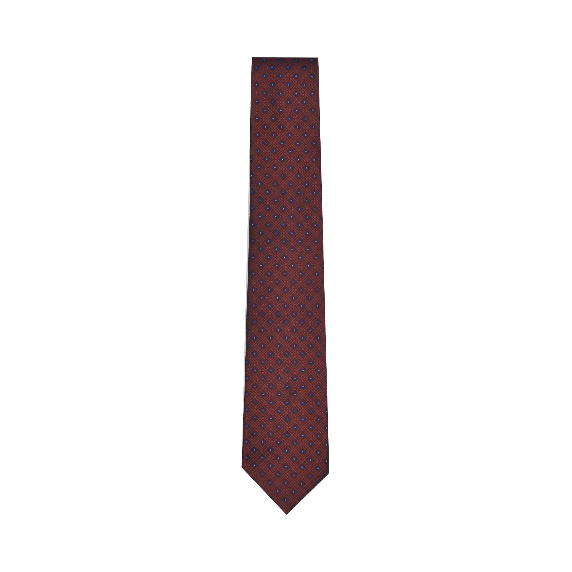 Burgundy STEFANO RICCI silk tie with small dark blue geometric diamond pattern and pointed tip.