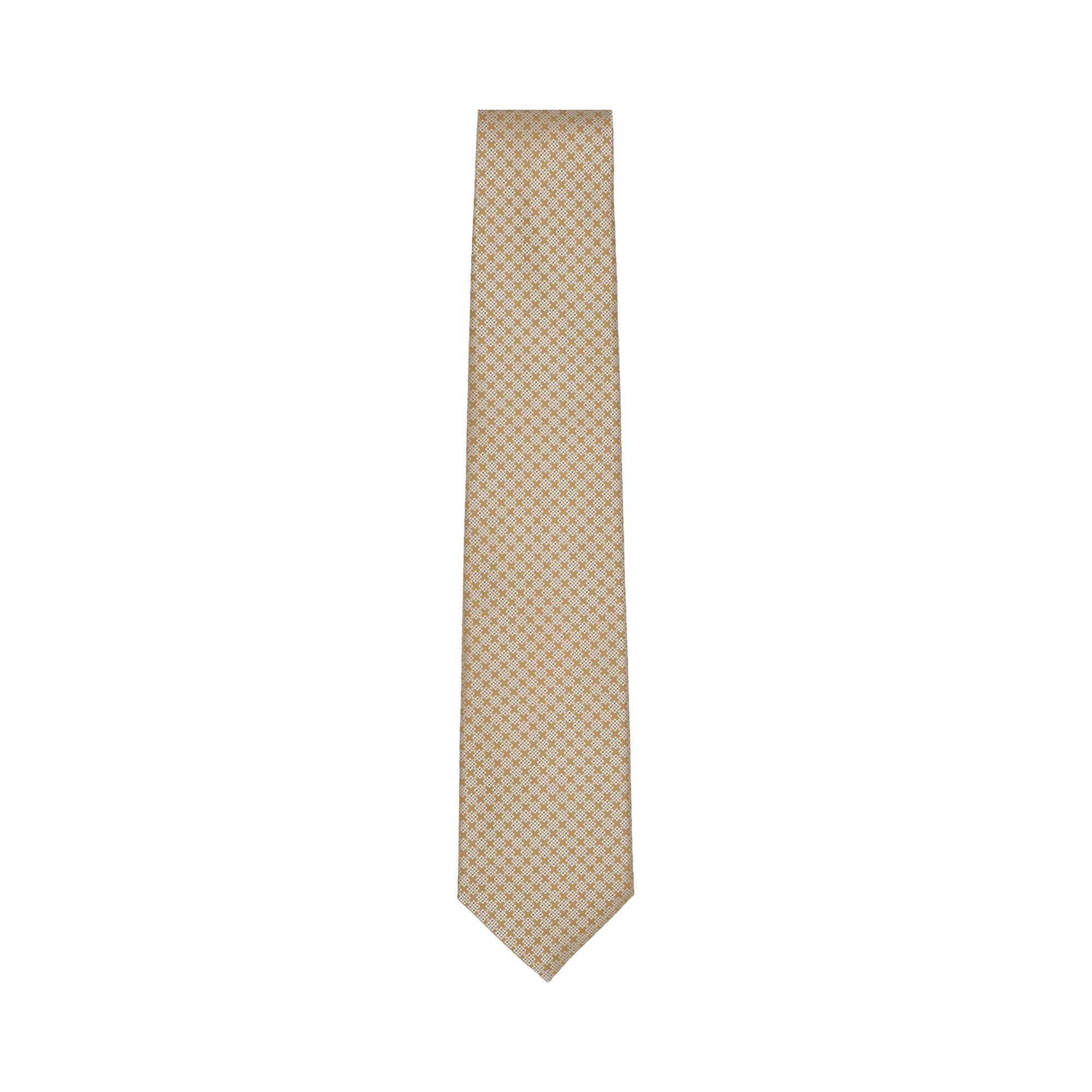 Light beige necktie with a repeating small geometric pattern of light brown squares and dots