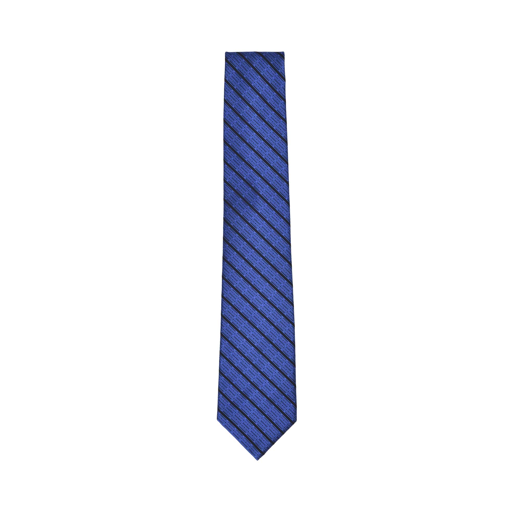 Blue necktie with dark blue diagonal stripes and a subtle woven pattern.