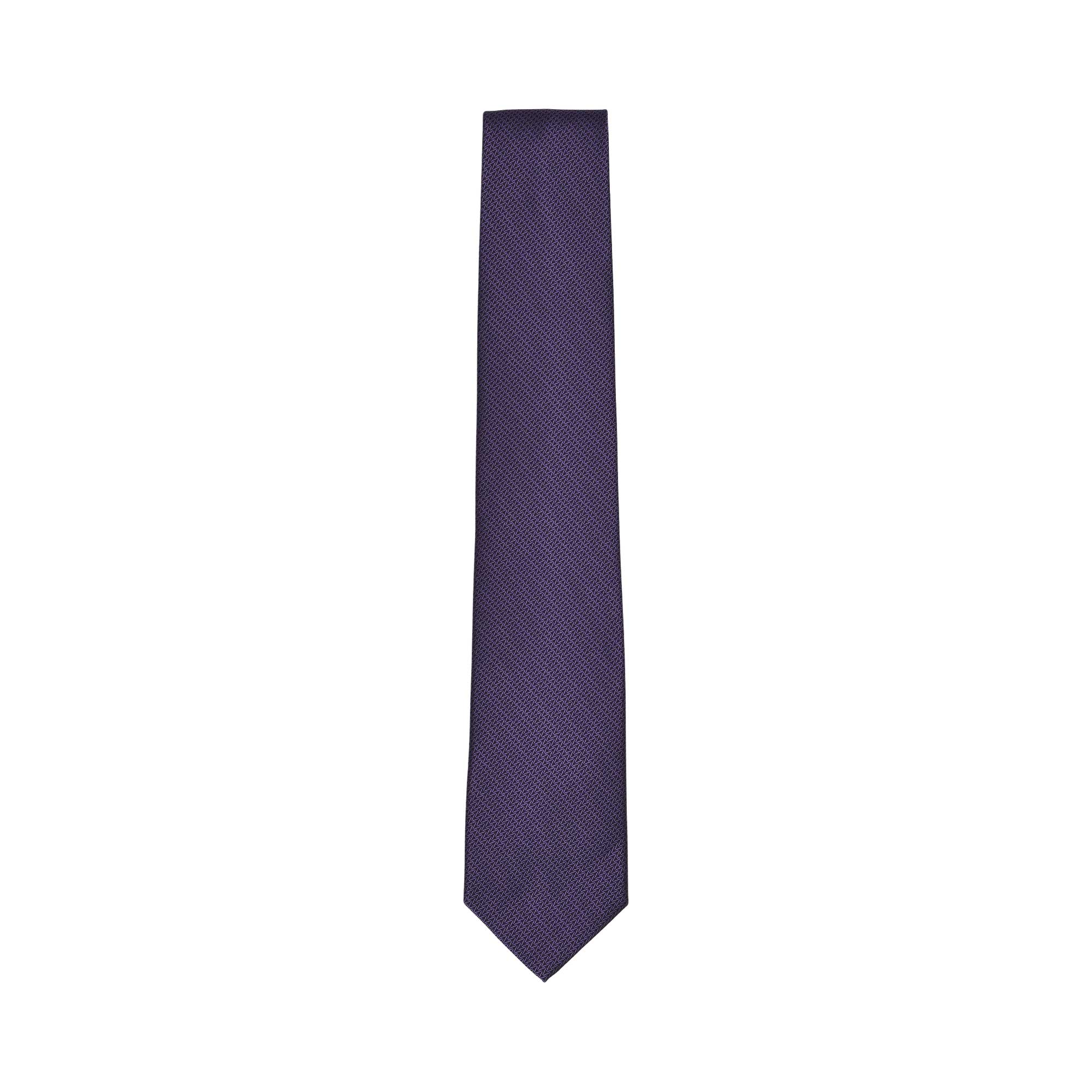 Deep purple woven silk tie with a subtle geometric pattern and pointed tip.