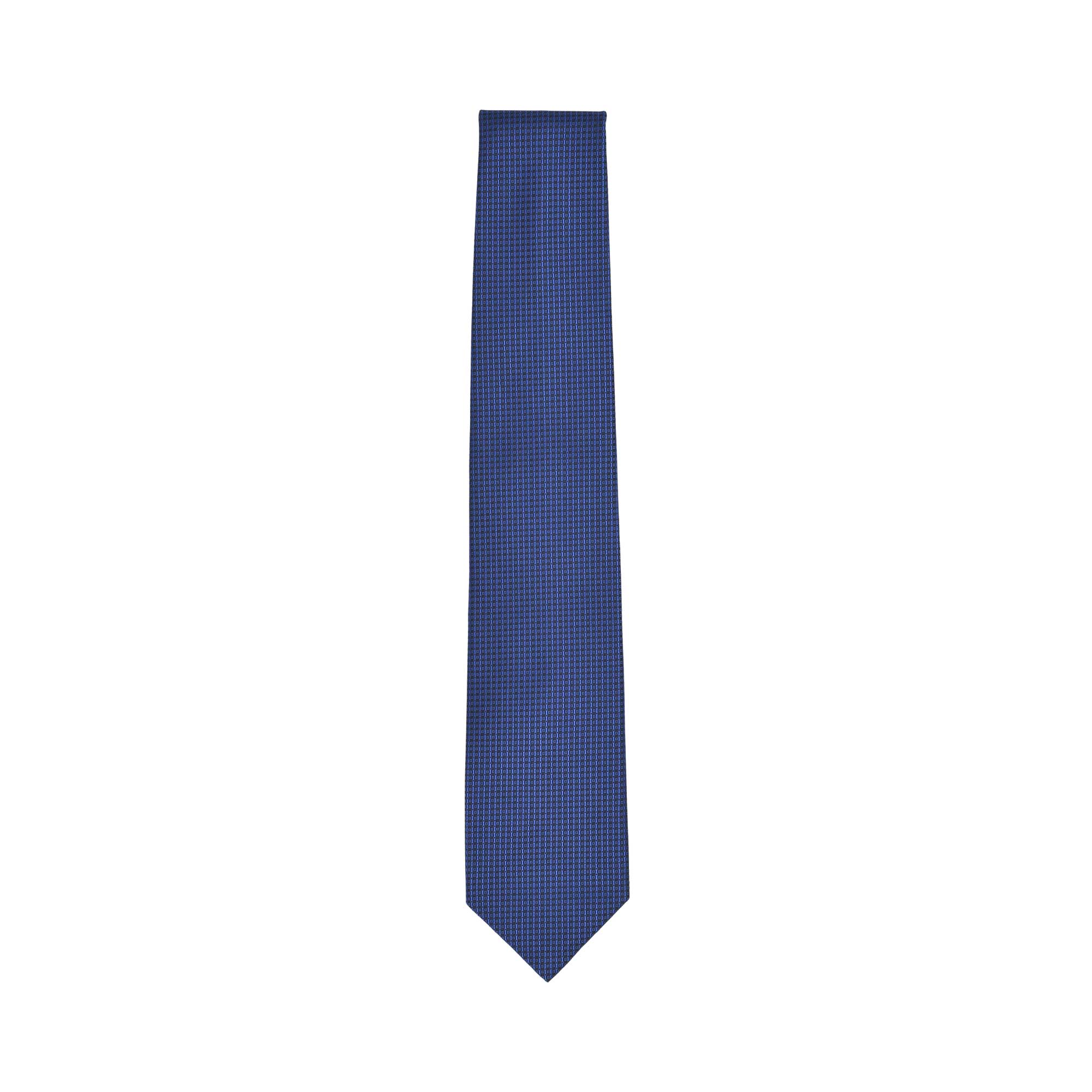 A deep blue necktie with a subtle woven micro-pattern, featuring a classic broad blade and pointed tip.